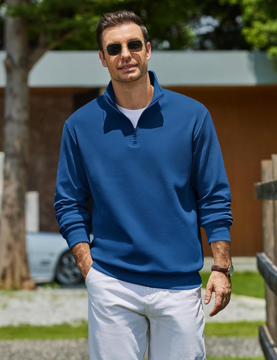 image:imageCOOFANDY Mens Quarter Zip Sweatshirt Fleece Mock Neck Casual Sweater Fleece Lined Drop Shoulder Relaxed Fit Ribbed Cuffs Ribbed Hem Warm Lining Long Sleeve Daily Wear Fall Winter FashionBlue
