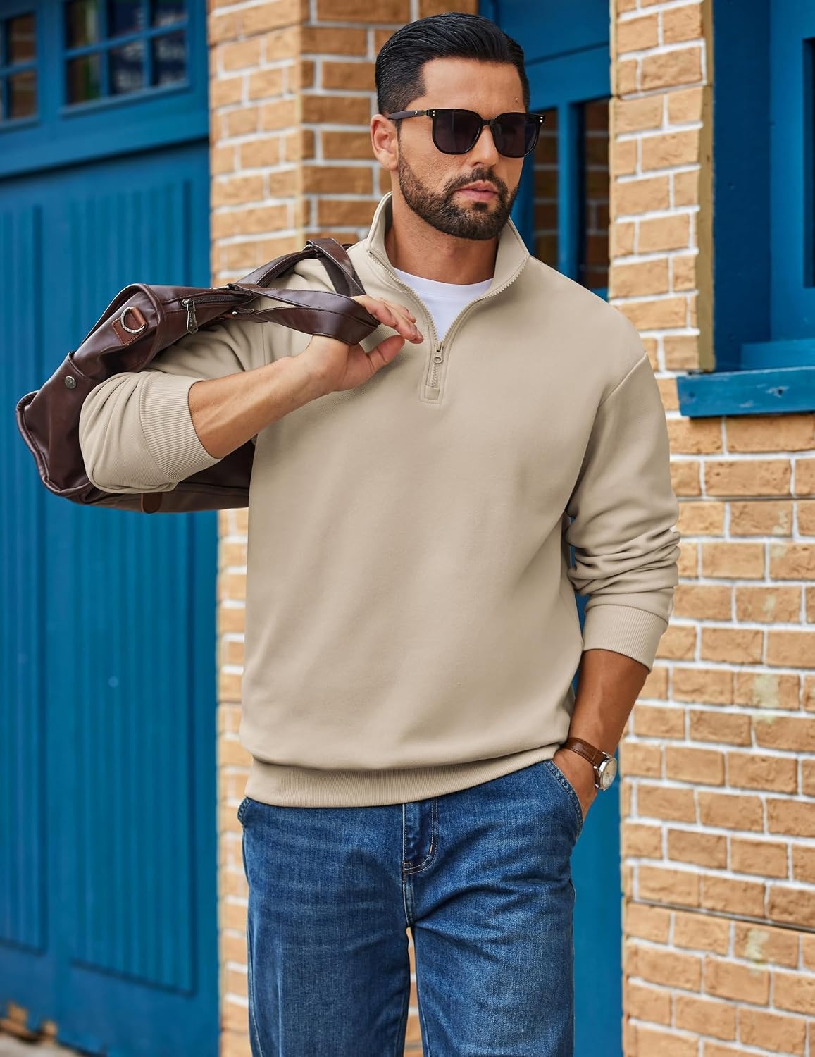 image:imageCOOFANDY Mens Quarter Zip Sweatshirt Fleece Mock Neck Casual Sweater Fleece Lined Drop Shoulder Relaxed Fit Ribbed Cuffs Ribbed Hem Warm Lining Long Sleeve Daily Wear Fall Winter FashionLight Khaki
