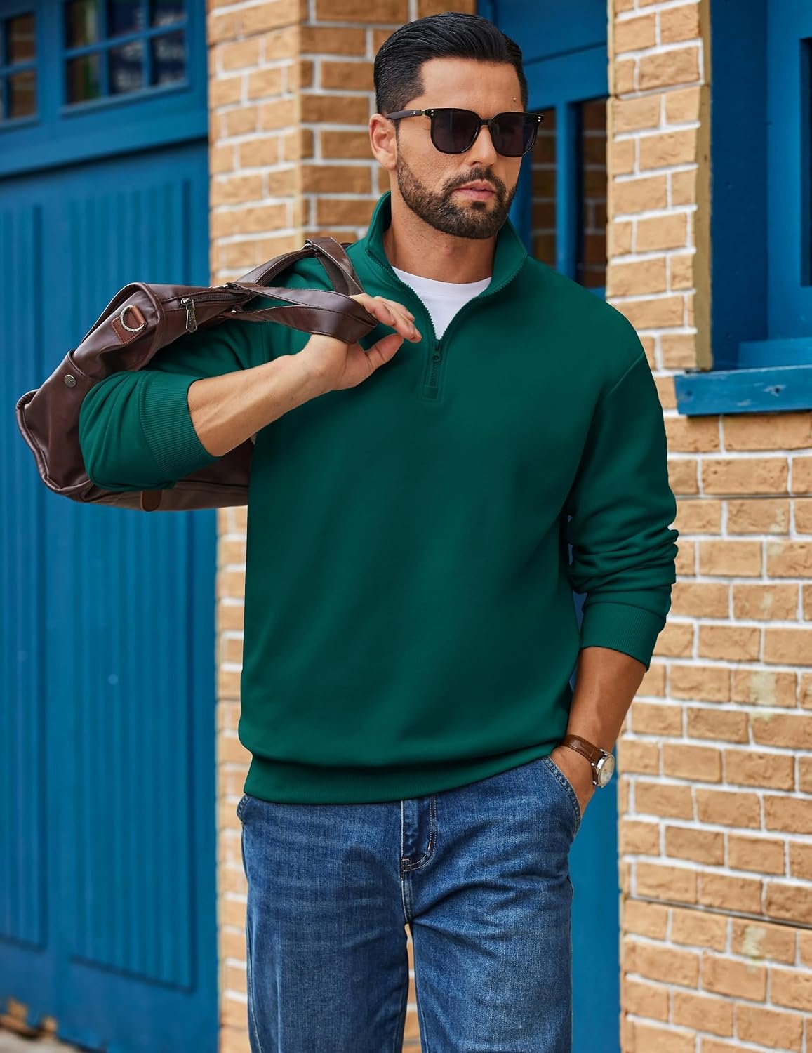 image:imageCOOFANDY Mens Quarter Zip Sweatshirt Fleece Mock Neck Casual Sweater Fleece Lined Drop Shoulder Relaxed Fit Ribbed Cuffs Ribbed Hem Warm Lining Long Sleeve Daily Wear Fall Winter FashionLake Green