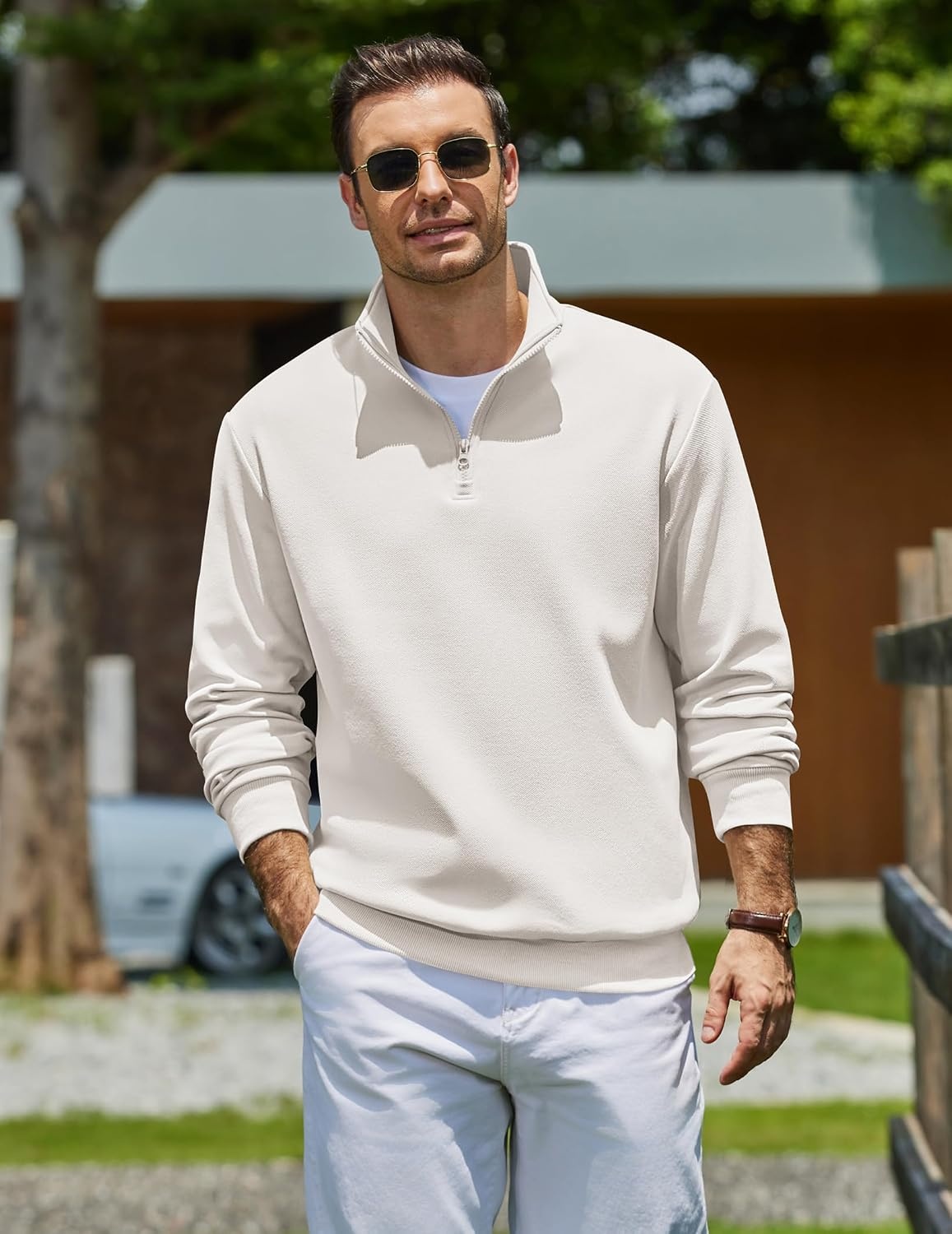 image:imageCOOFANDY Mens Quarter Zip Sweatshirt Fleece Mock Neck Casual Sweater Fleece Lined Drop Shoulder Relaxed Fit Ribbed Cuffs Ribbed Hem Warm Lining Long Sleeve Daily Wear Fall Winter FashionWhite