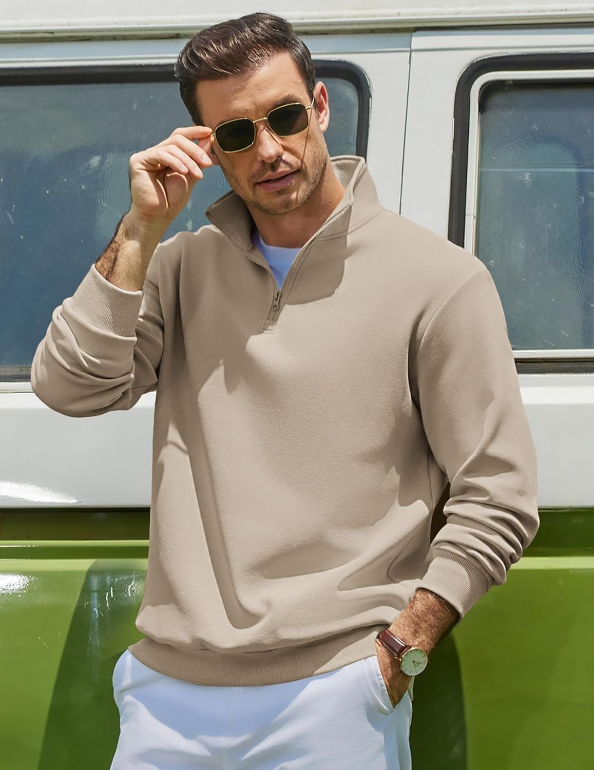 image:imageCOOFANDY Mens Quarter Zip Sweatshirt Fleece Mock Neck Casual Sweater Fleece Lined Drop Shoulder Relaxed Fit Ribbed Cuffs Ribbed Hem Warm Lining Long Sleeve Daily Wear Fall Winter FashionLight Khaki