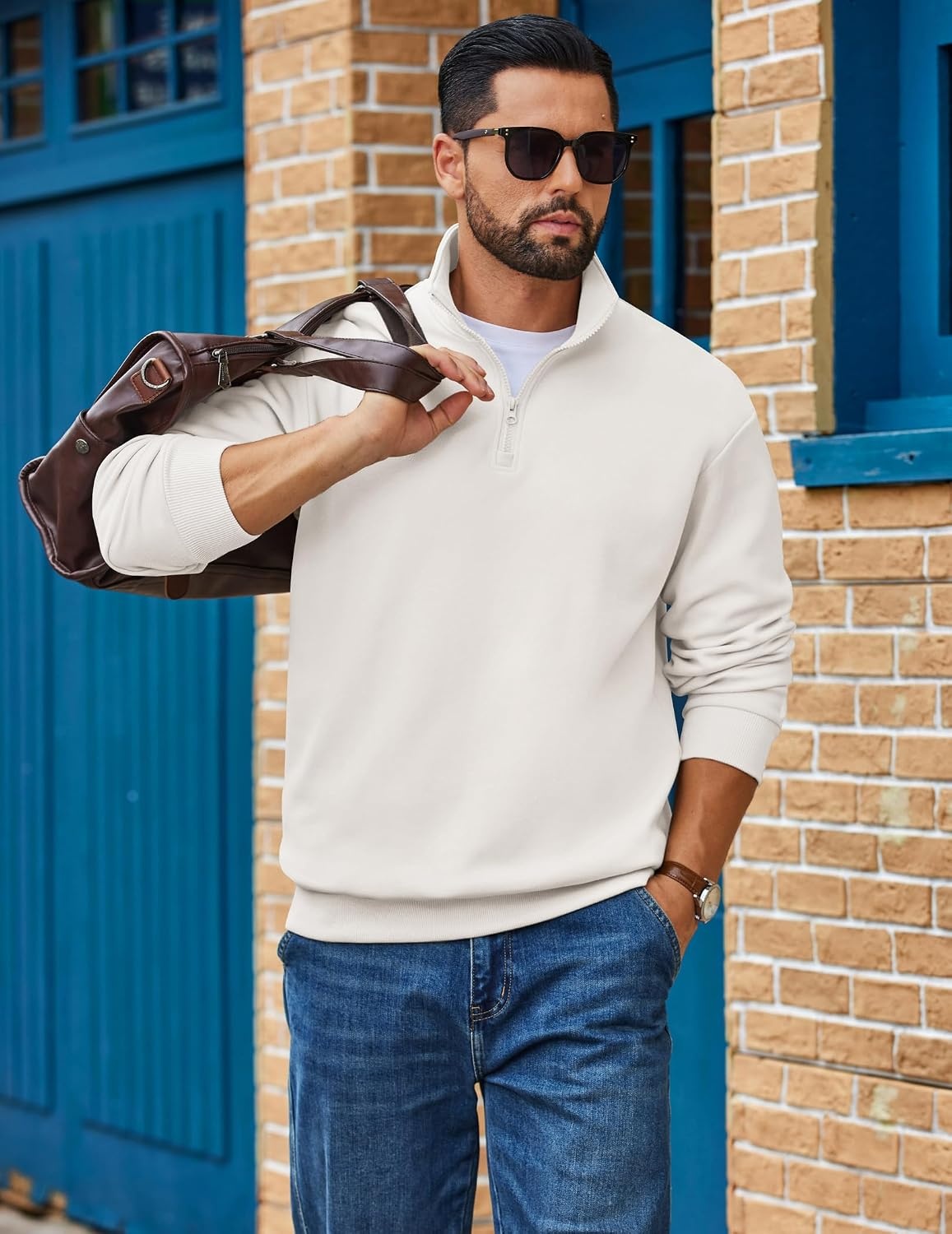 image:imageCOOFANDY Mens Quarter Zip Sweatshirt Fleece Mock Neck Casual Sweater Fleece Lined Drop Shoulder Relaxed Fit Ribbed Cuffs Ribbed Hem Warm Lining Long Sleeve Daily Wear Fall Winter FashionWhite