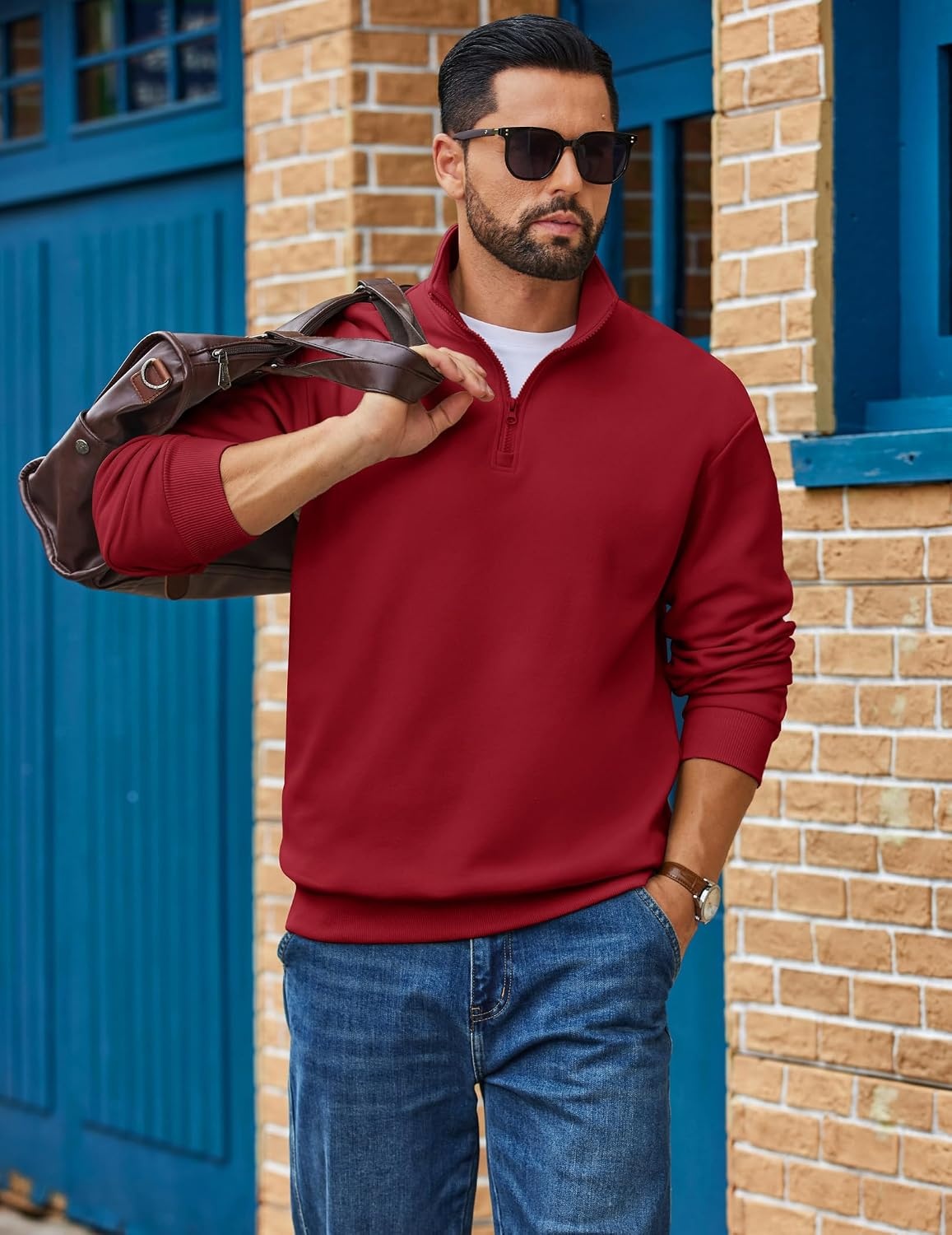 image:imageCOOFANDY Mens Quarter Zip Sweatshirt Fleece Mock Neck Casual Sweater Fleece Lined Drop Shoulder Relaxed Fit Ribbed Cuffs Ribbed Hem Warm Lining Long Sleeve Daily Wear Fall Winter FashionWine Red