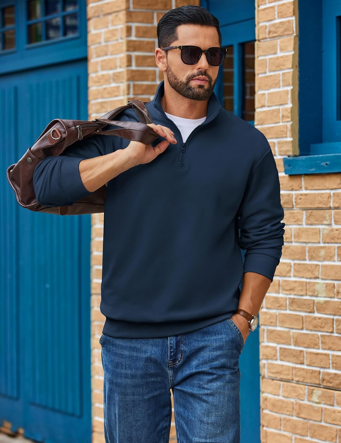 image:imageCOOFANDY Mens Quarter Zip Sweatshirt Fleece Mock Neck Casual Sweater Fleece Lined Drop Shoulder Relaxed Fit Ribbed Cuffs Ribbed Hem Warm Lining Long Sleeve Daily Wear Fall Winter FashionNavy Blue