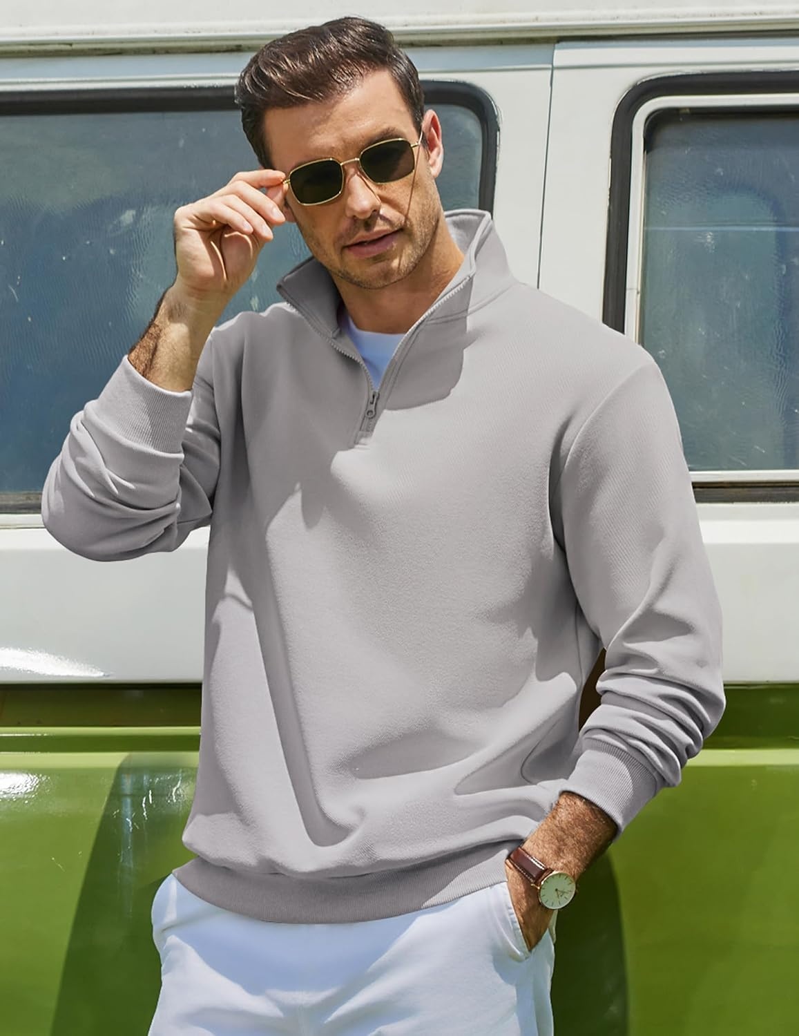 image:imageCOOFANDY Mens Quarter Zip Sweatshirt Fleece Mock Neck Casual Sweater Fleece Lined Drop Shoulder Relaxed Fit Ribbed Cuffs Ribbed Hem Warm Lining Long Sleeve Daily Wear Fall Winter FashionLight Grey