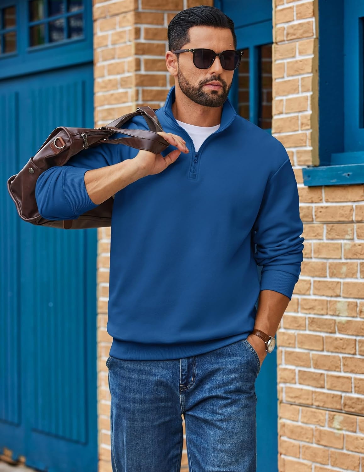 image:imageCOOFANDY Mens Quarter Zip Sweatshirt Fleece Mock Neck Casual Sweater Fleece Lined Drop Shoulder Relaxed Fit Ribbed Cuffs Ribbed Hem Warm Lining Long Sleeve Daily Wear Fall Winter FashionBlue