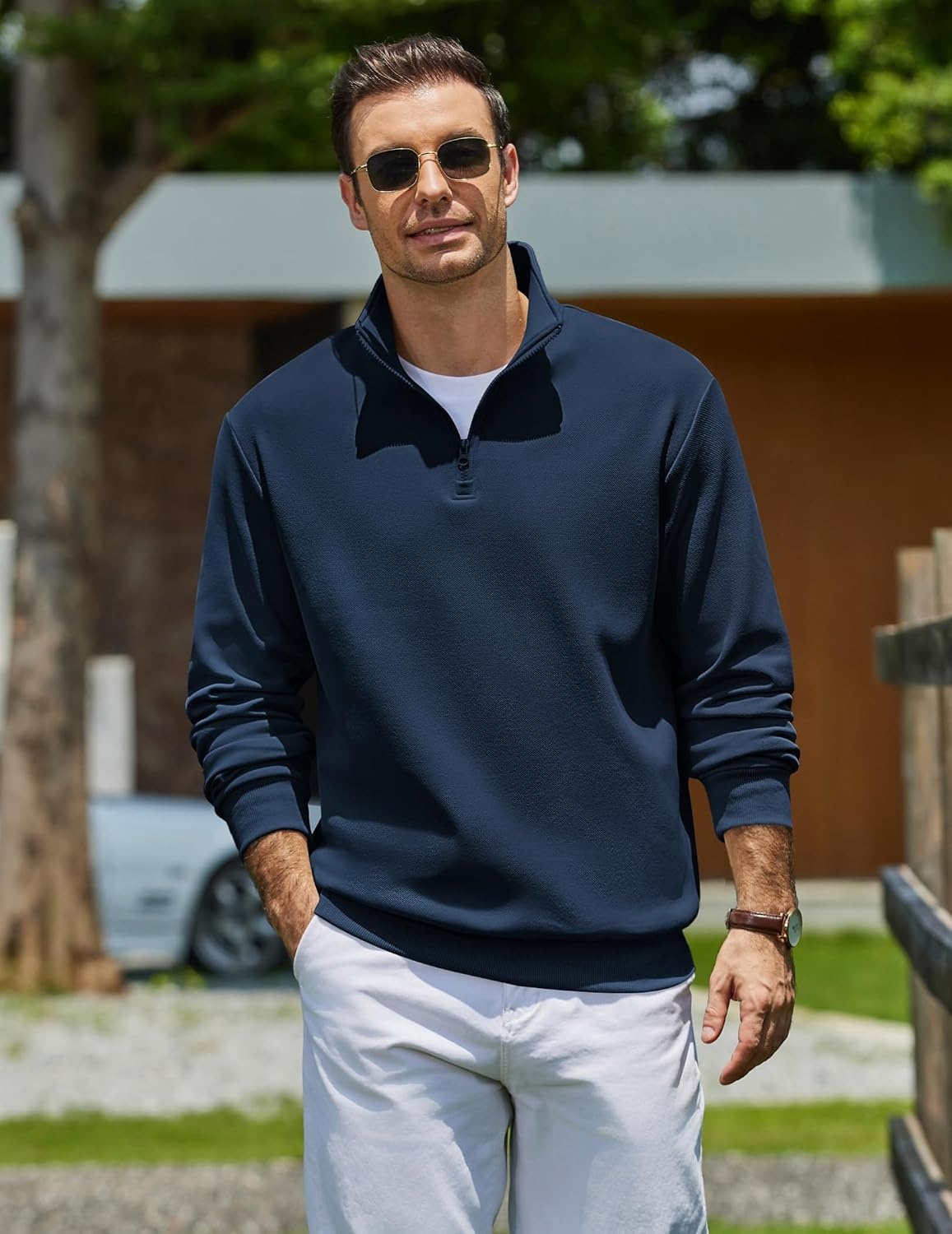 image:imageCOOFANDY Mens Quarter Zip Sweatshirt Fleece Mock Neck Casual Sweater Fleece Lined Drop Shoulder Relaxed Fit Ribbed Cuffs Ribbed Hem Warm Lining Long Sleeve Daily Wear Fall Winter FashionNavy Blue