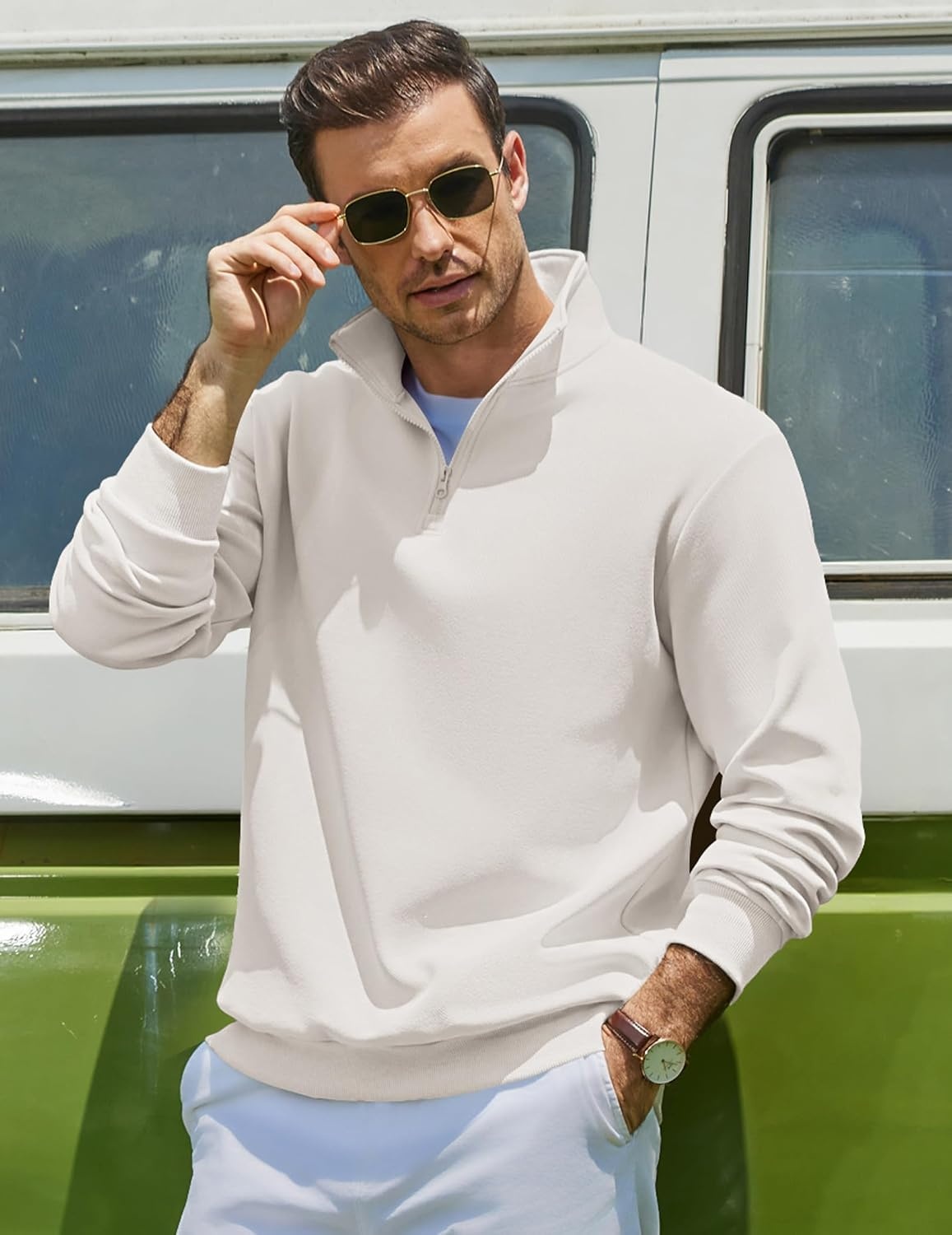 image:imageCOOFANDY Mens Quarter Zip Sweatshirt Fleece Mock Neck Casual Sweater Fleece Lined Drop Shoulder Relaxed Fit Ribbed Cuffs Ribbed Hem Warm Lining Long Sleeve Daily Wear Fall Winter FashionWhite