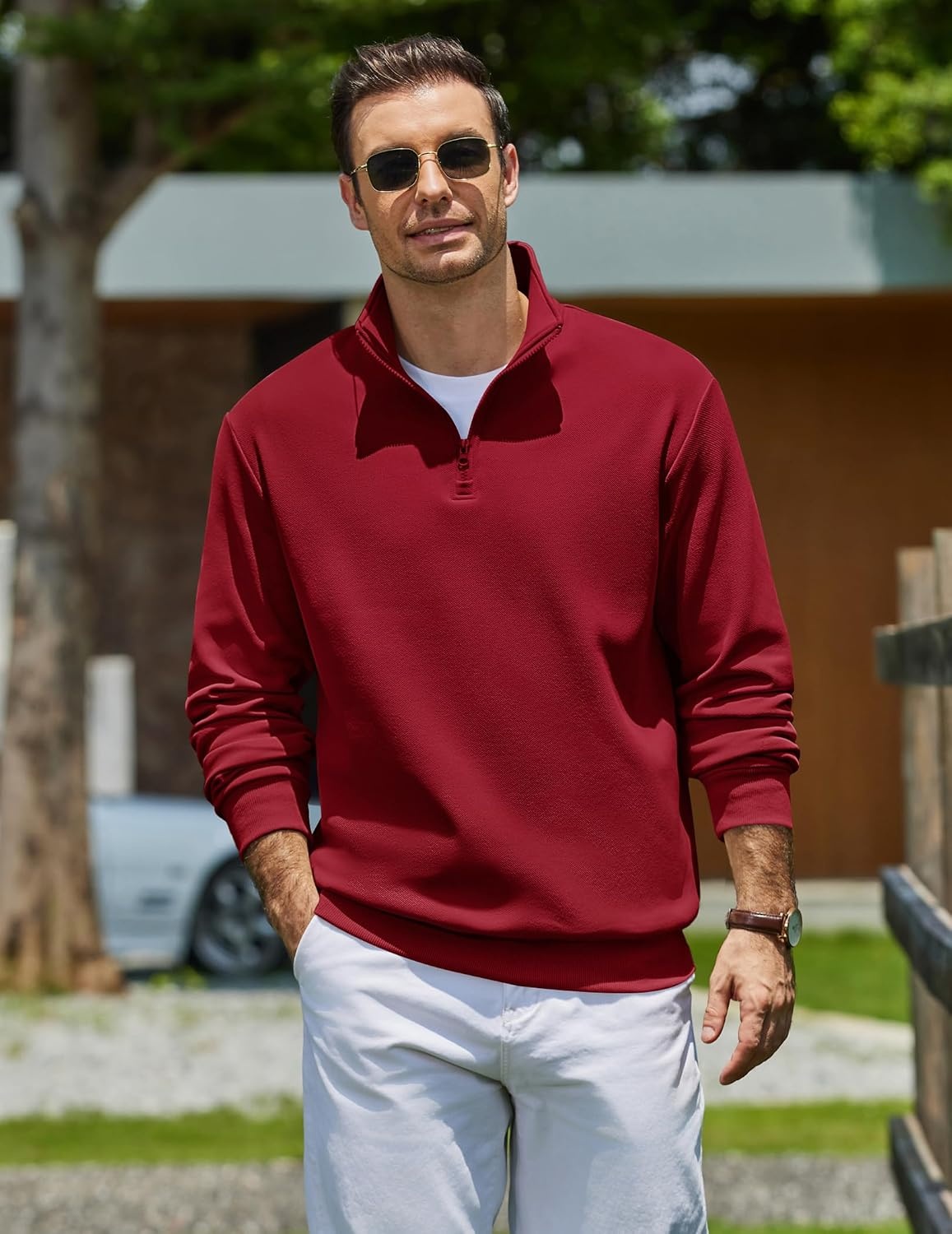 image:imageCOOFANDY Mens Quarter Zip Sweatshirt Fleece Mock Neck Casual Sweater Fleece Lined Drop Shoulder Relaxed Fit Ribbed Cuffs Ribbed Hem Warm Lining Long Sleeve Daily Wear Fall Winter FashionWine Red