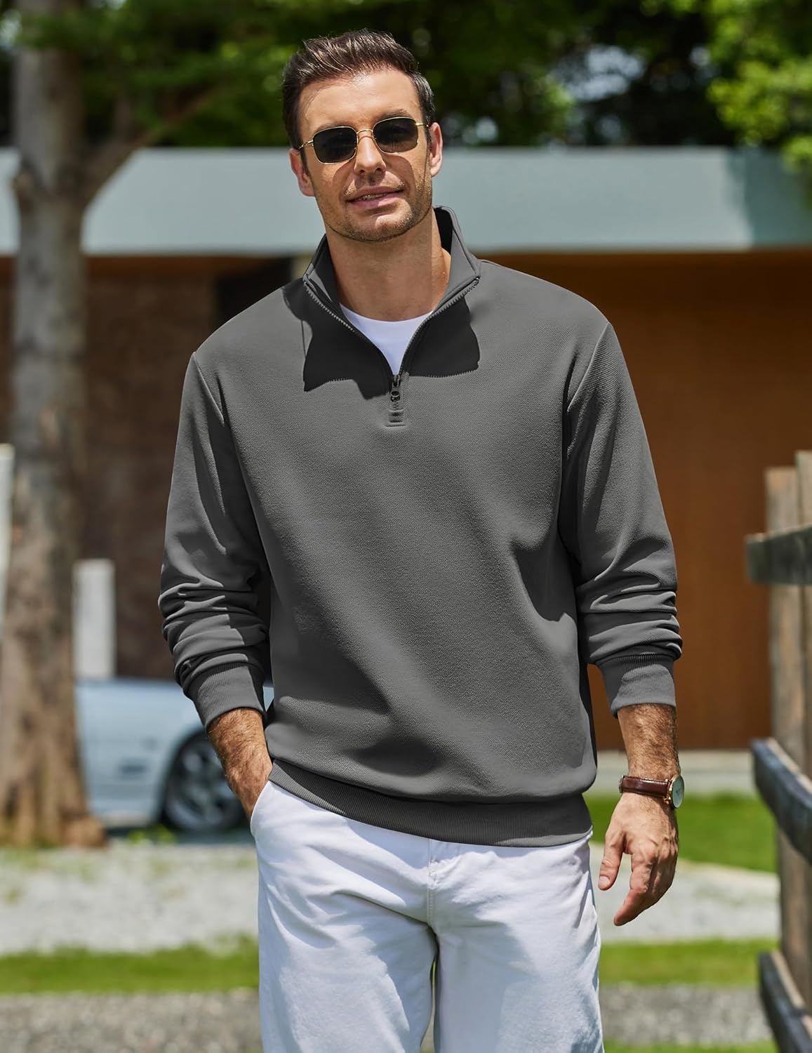 image:imageCOOFANDY Mens Quarter Zip Sweatshirt Fleece Mock Neck Casual Sweater Fleece Lined Drop Shoulder Relaxed Fit Ribbed Cuffs Ribbed Hem Warm Lining Long Sleeve Daily Wear Fall Winter FashionDark Grey