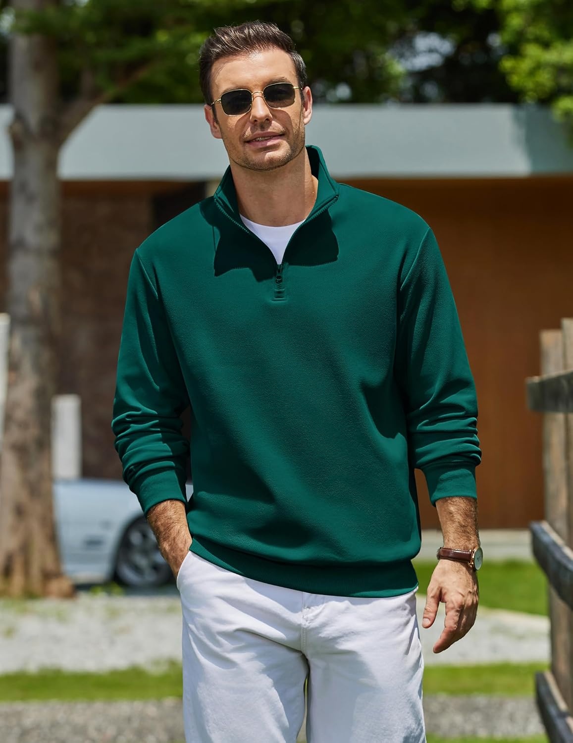 image:imageCOOFANDY Mens Quarter Zip Sweatshirt Fleece Mock Neck Casual Sweater Fleece Lined Drop Shoulder Relaxed Fit Ribbed Cuffs Ribbed Hem Warm Lining Long Sleeve Daily Wear Fall Winter FashionLake Green
