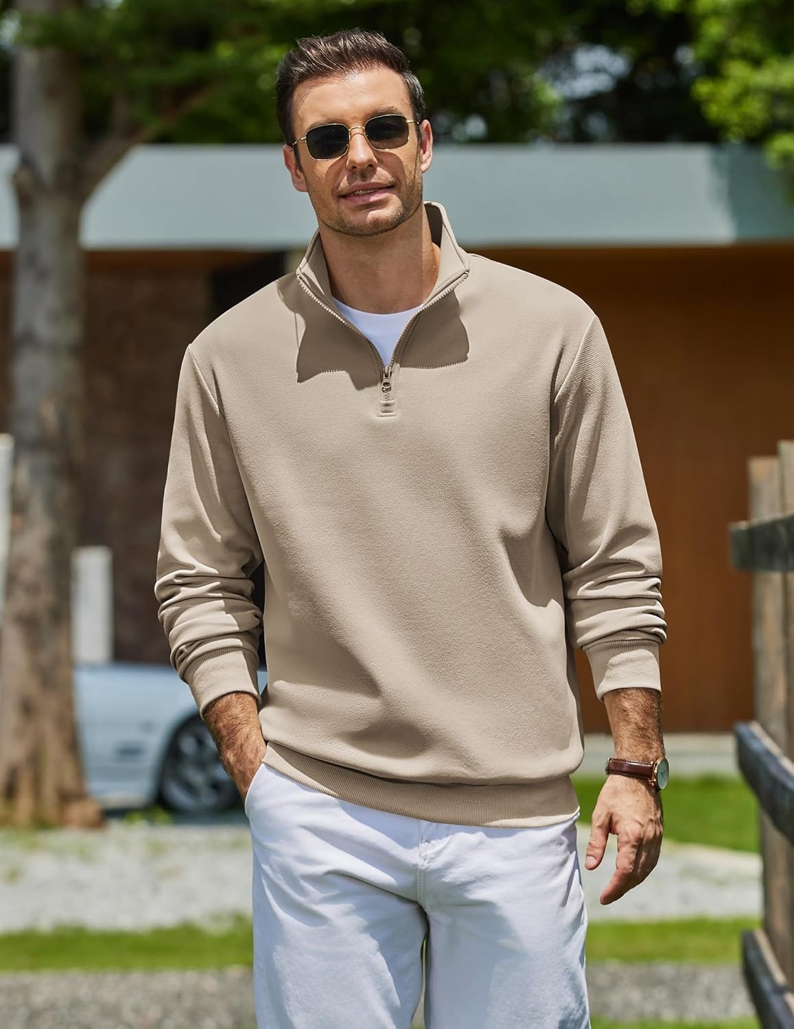 image:imageCOOFANDY Mens Quarter Zip Sweatshirt Fleece Mock Neck Casual Sweater Fleece Lined Drop Shoulder Relaxed Fit Ribbed Cuffs Ribbed Hem Warm Lining Long Sleeve Daily Wear Fall Winter FashionLight Khaki