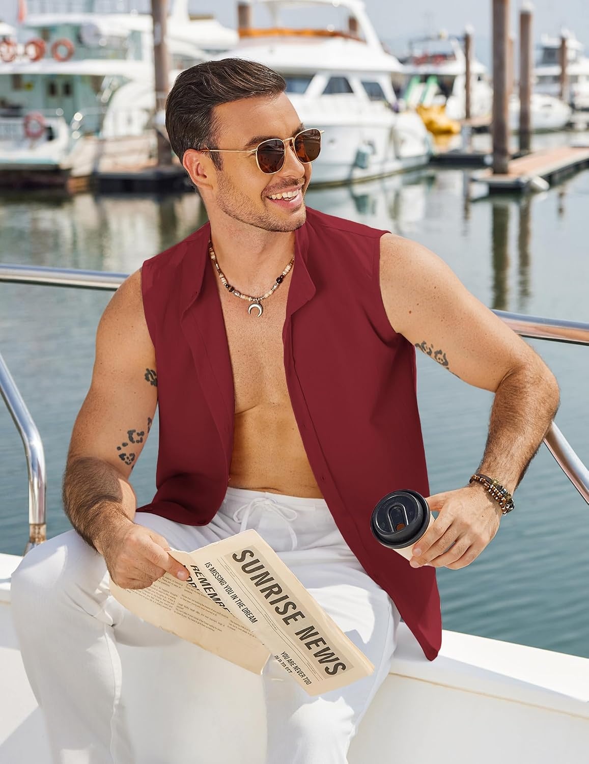 image:imageCOOFANDY Mens Sleeveless Button Up Shirts Summer Beach Tank Top Collarless Casual Vacation Cruise Sleeveless Dress Shirt Button Up and Turn Down Collrar Design Light Weight Breathable Cool FabricWine Red
