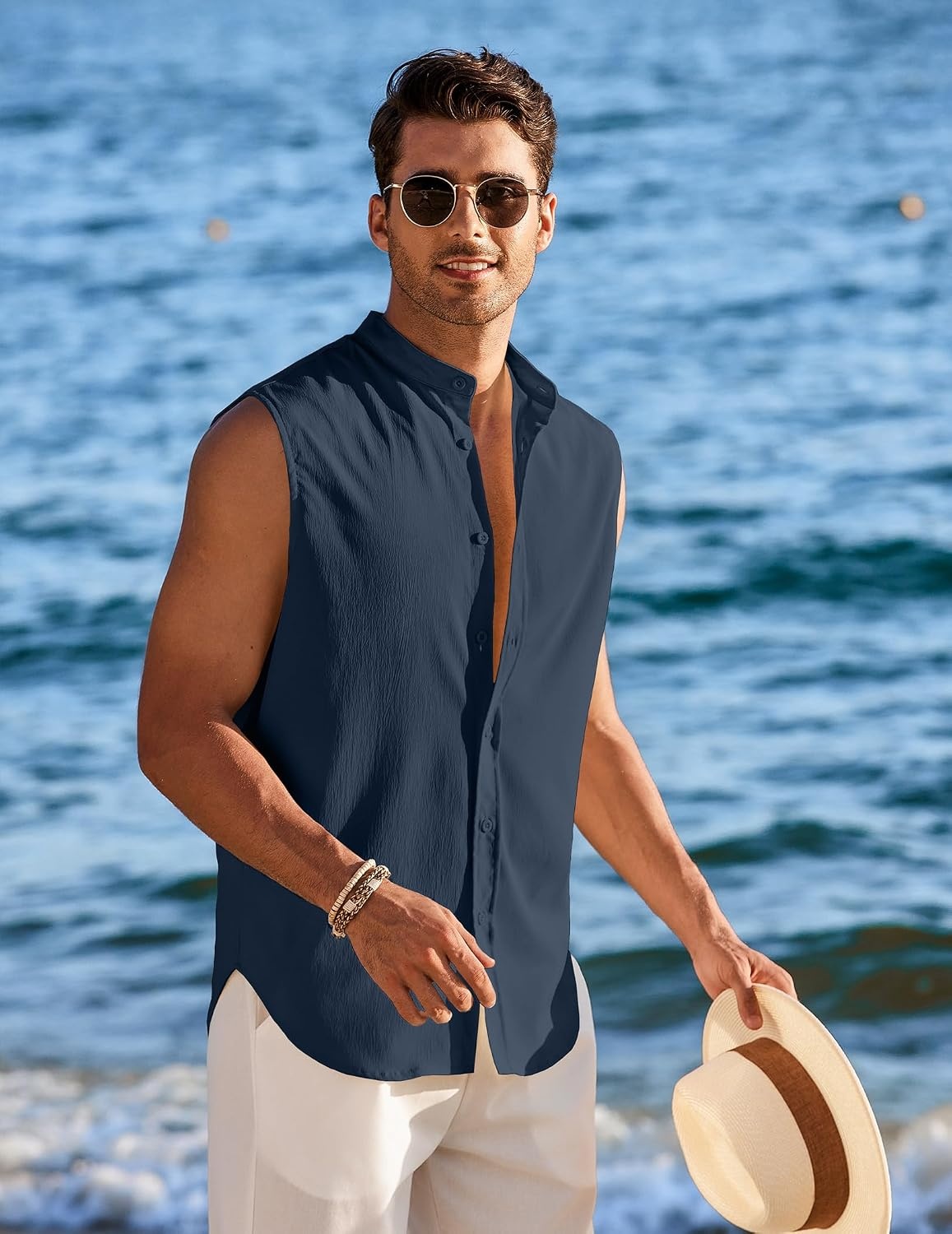 image:imageCOOFANDY Mens Sleeveless Button Up Shirts Summer Beach Tank Top Collarless Casual Vacation Cruise Sleeveless Dress Shirt Button Up and Turn Down Collrar Design Light Weight Breathable Cool FabricDeep Blue