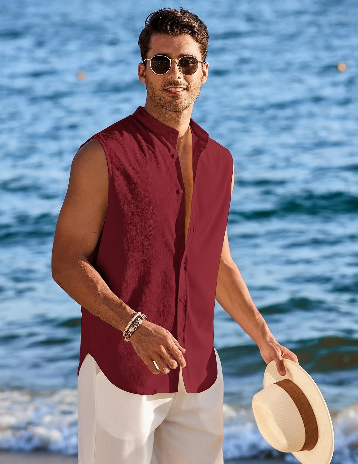 image:imageCOOFANDY Mens Sleeveless Button Up Shirts Summer Beach Tank Top Collarless Casual Vacation Cruise Sleeveless Dress Shirt Button Up and Turn Down Collrar Design Light Weight Breathable Cool FabricWine Red