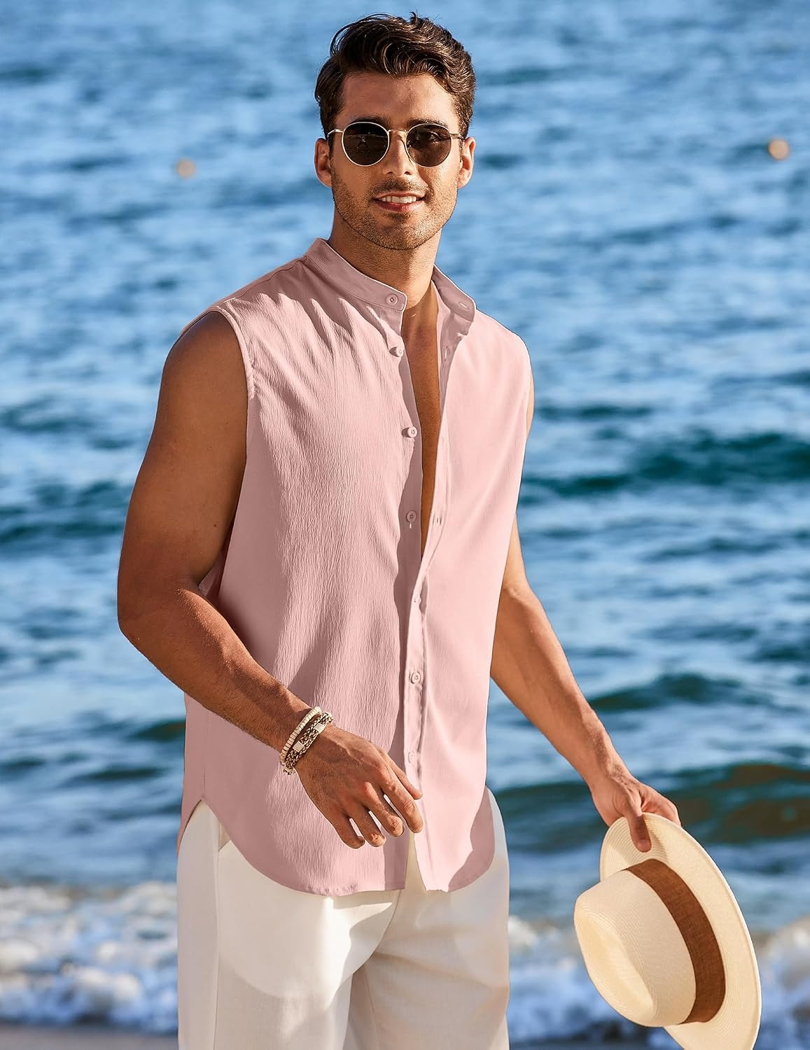 image:imageCOOFANDY Mens Sleeveless Button Up Shirts Summer Beach Tank Top Collarless Casual Vacation Cruise Sleeveless Dress Shirt Button Up and Turn Down Collrar Design Light Weight Breathable Cool FabricPink