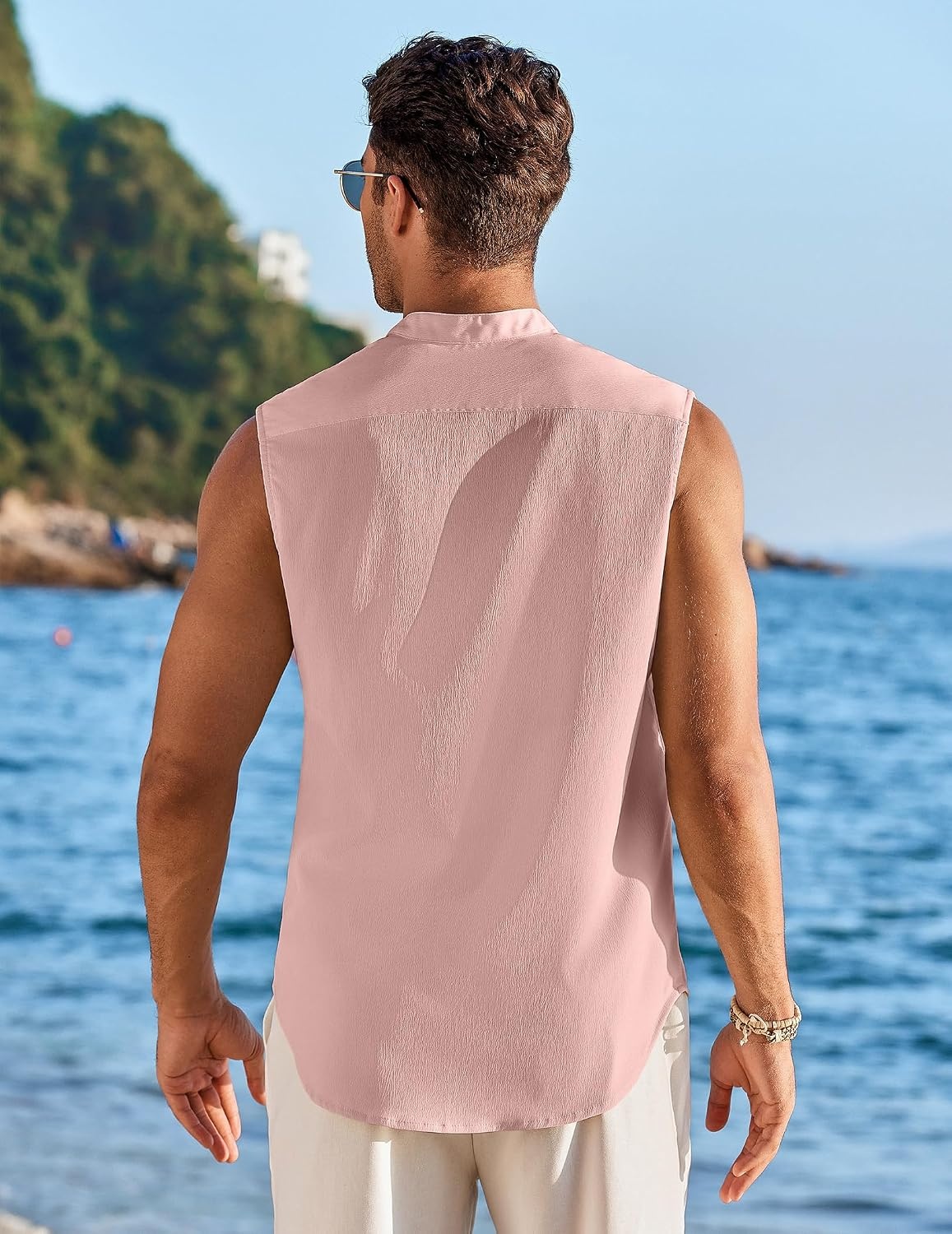 image:imageCOOFANDY Mens Sleeveless Button Up Shirts Summer Beach Tank Top Collarless Casual Vacation Cruise Sleeveless Dress Shirt Button Up and Turn Down Collrar Design Light Weight Breathable Cool FabricPink