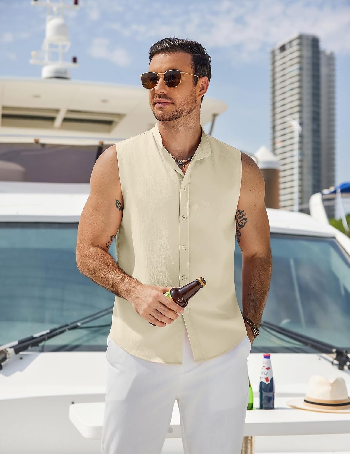 image:imageCOOFANDY Mens Sleeveless Button Up Shirts Summer Beach Tank Top Collarless Casual Vacation Cruise Sleeveless Dress Shirt Button Up and Turn Down Collrar Design Light Weight Breathable Cool FabricBeige