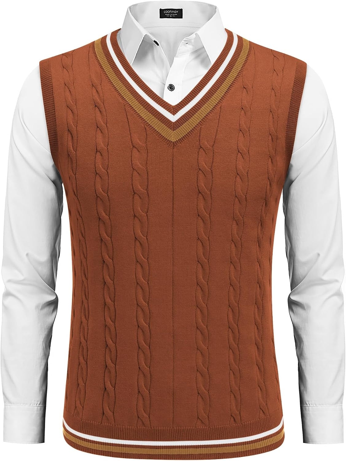 image:imageCOOFANDY Mens Sweater Vest V Neck Casual Sleeveless Knit Pullover Sweater Classic Cable Knitted Striped VNeck Lightweight Stylish Basic Regular Fit Casual Uniform Dress School Winter ChristmasCaramel
