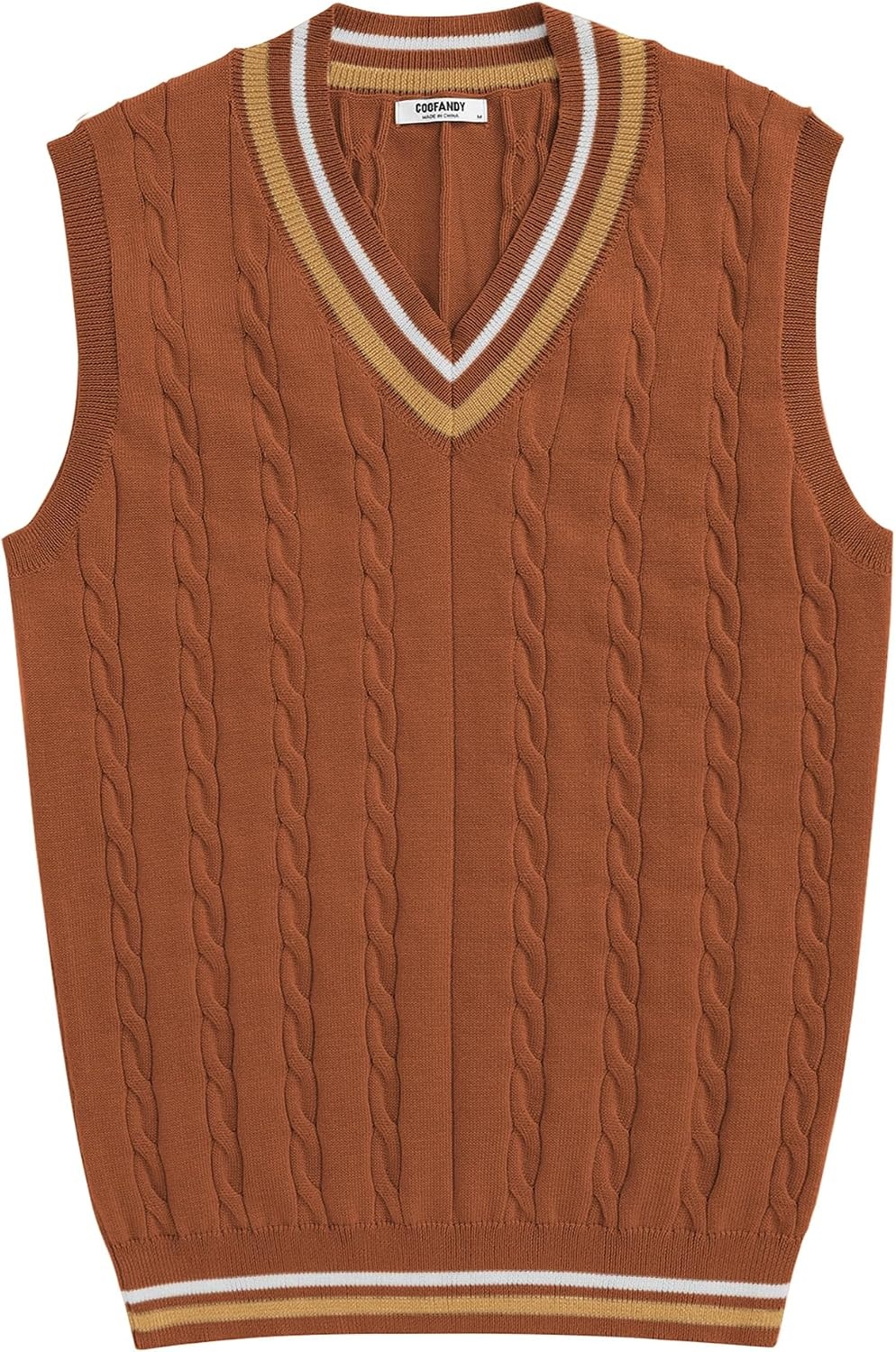 image:imageCOOFANDY Mens Sweater Vest V Neck Casual Sleeveless Knit Pullover Sweater Classic Cable Knitted Striped VNeck Lightweight Stylish Basic Regular Fit Casual Uniform Dress School Winter ChristmasCaramel