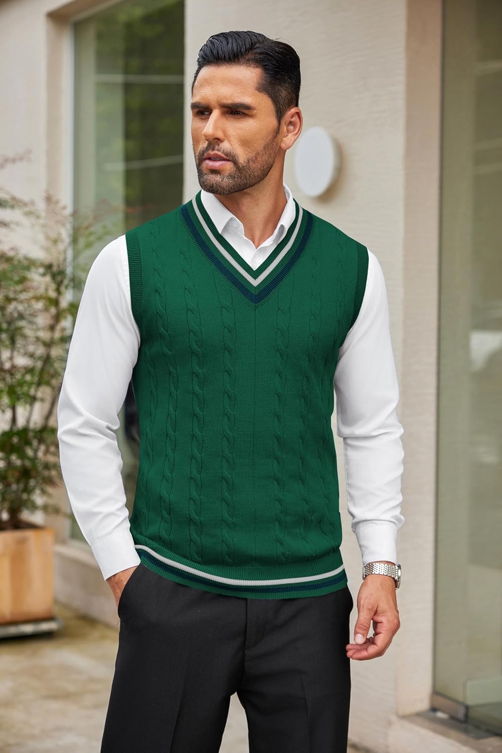 image:imageCOOFANDY Mens Sweater Vest V Neck Casual Sleeveless Knit Pullover Sweater Classic Cable Knitted Striped VNeck Lightweight Stylish Basic Regular Fit Casual Uniform Dress School Winter ChristmasGreen