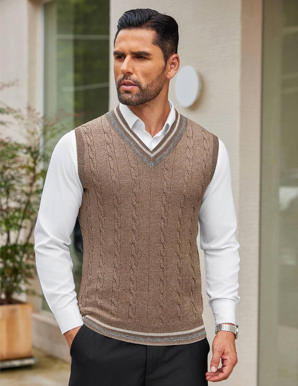 image:imageCOOFANDY Mens Sweater Vest V Neck Casual Sleeveless Knit Pullover Sweater Classic Cable Knitted Striped VNeck Lightweight Stylish Basic Regular Fit Casual Uniform Dress School Winter ChristmasDark Khaki