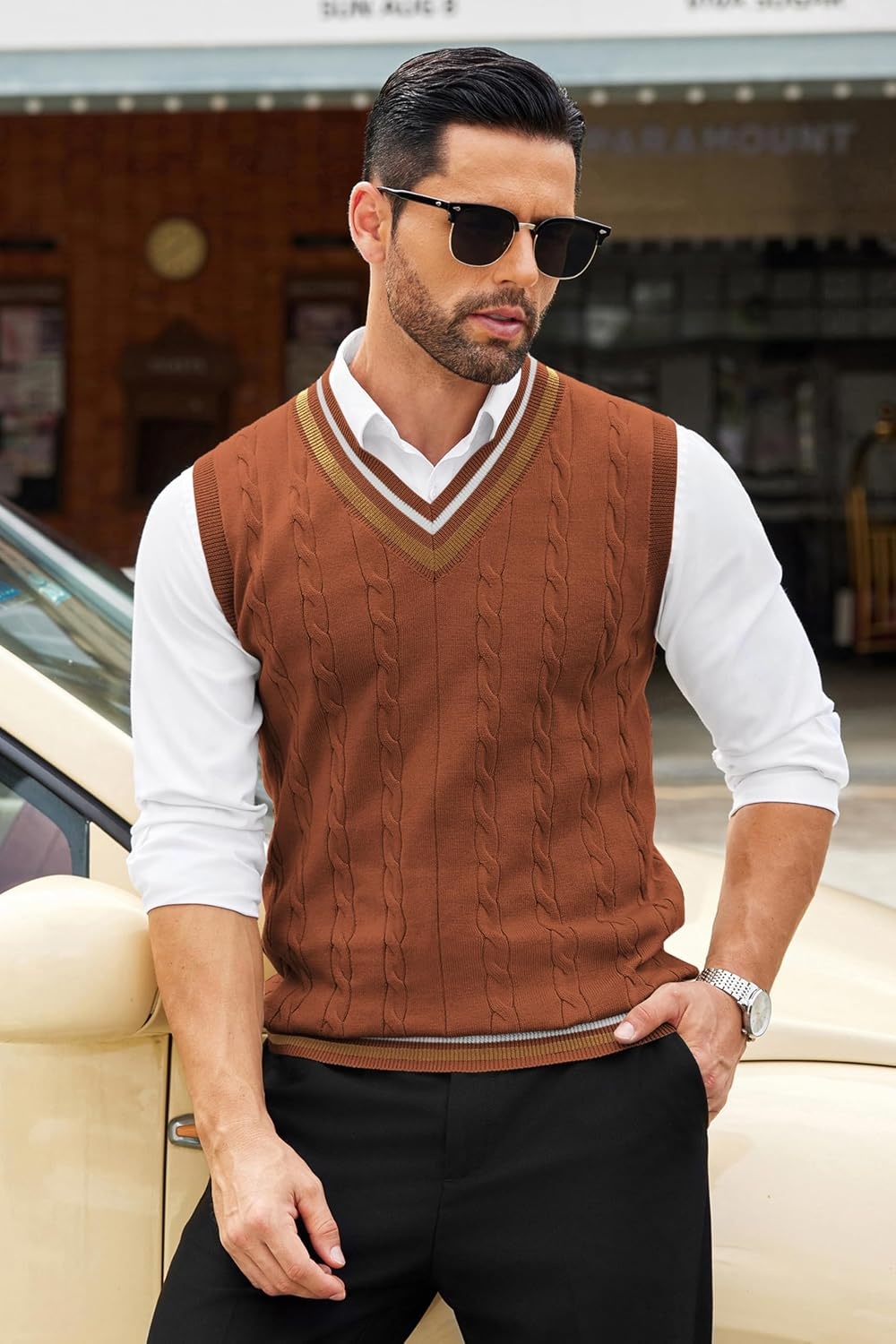 image:imageCOOFANDY Mens Sweater Vest V Neck Casual Sleeveless Knit Pullover Sweater Classic Cable Knitted Striped VNeck Lightweight Stylish Basic Regular Fit Casual Uniform Dress School Winter ChristmasCaramel