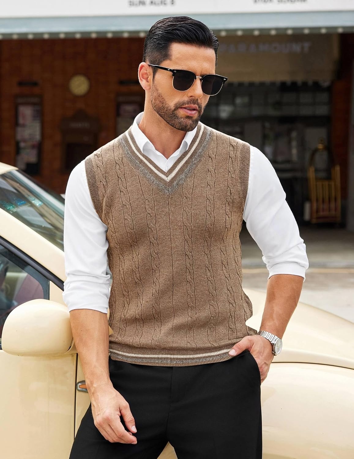 image:imageCOOFANDY Mens Sweater Vest V Neck Casual Sleeveless Knit Pullover Sweater Classic Cable Knitted Striped VNeck Lightweight Stylish Basic Regular Fit Casual Uniform Dress School Winter ChristmasDark Khaki