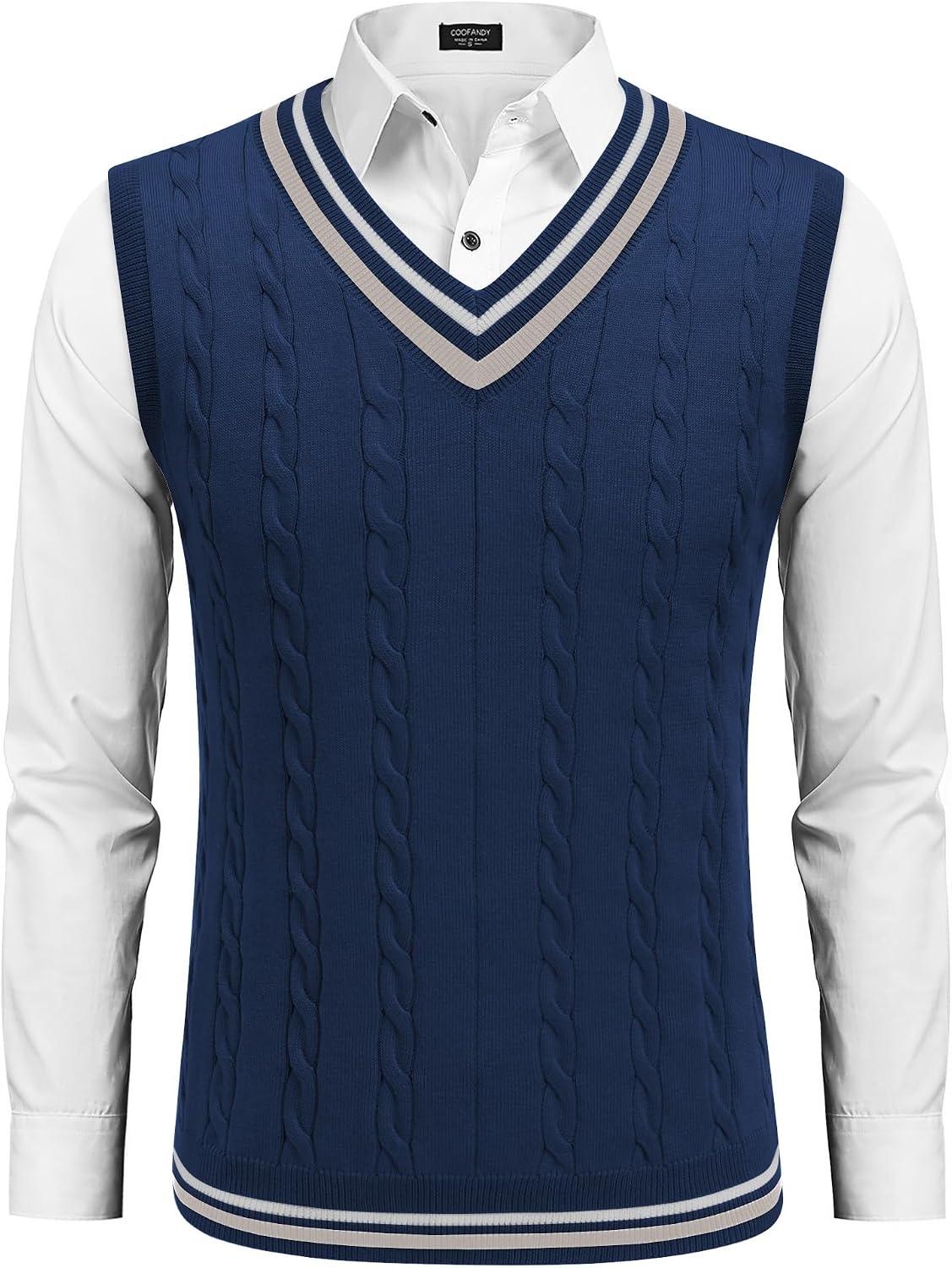 image:imageCOOFANDY Mens Sweater Vest V Neck Casual Sleeveless Knit Pullover Sweater Classic Cable Knitted Striped VNeck Lightweight Stylish Basic Regular Fit Casual Uniform Dress School Winter ChristmasNavy Blue