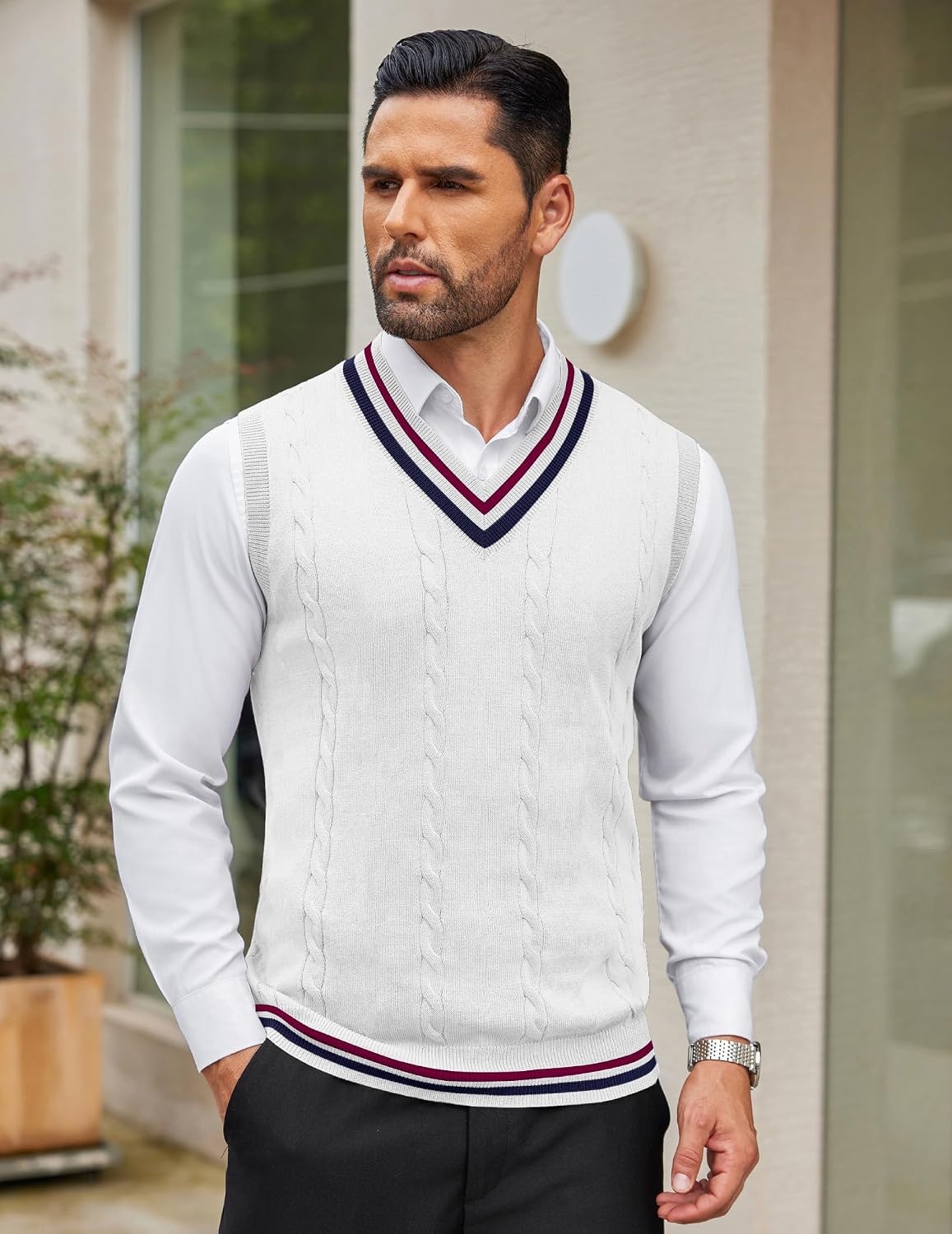 image:imageCOOFANDY Mens Sweater Vest V Neck Casual Sleeveless Knit Pullover Sweater Classic Cable Knitted Striped VNeck Lightweight Stylish Basic Regular Fit Casual Uniform Dress School Winter ChristmasWhite Navy Blue Red Stripe