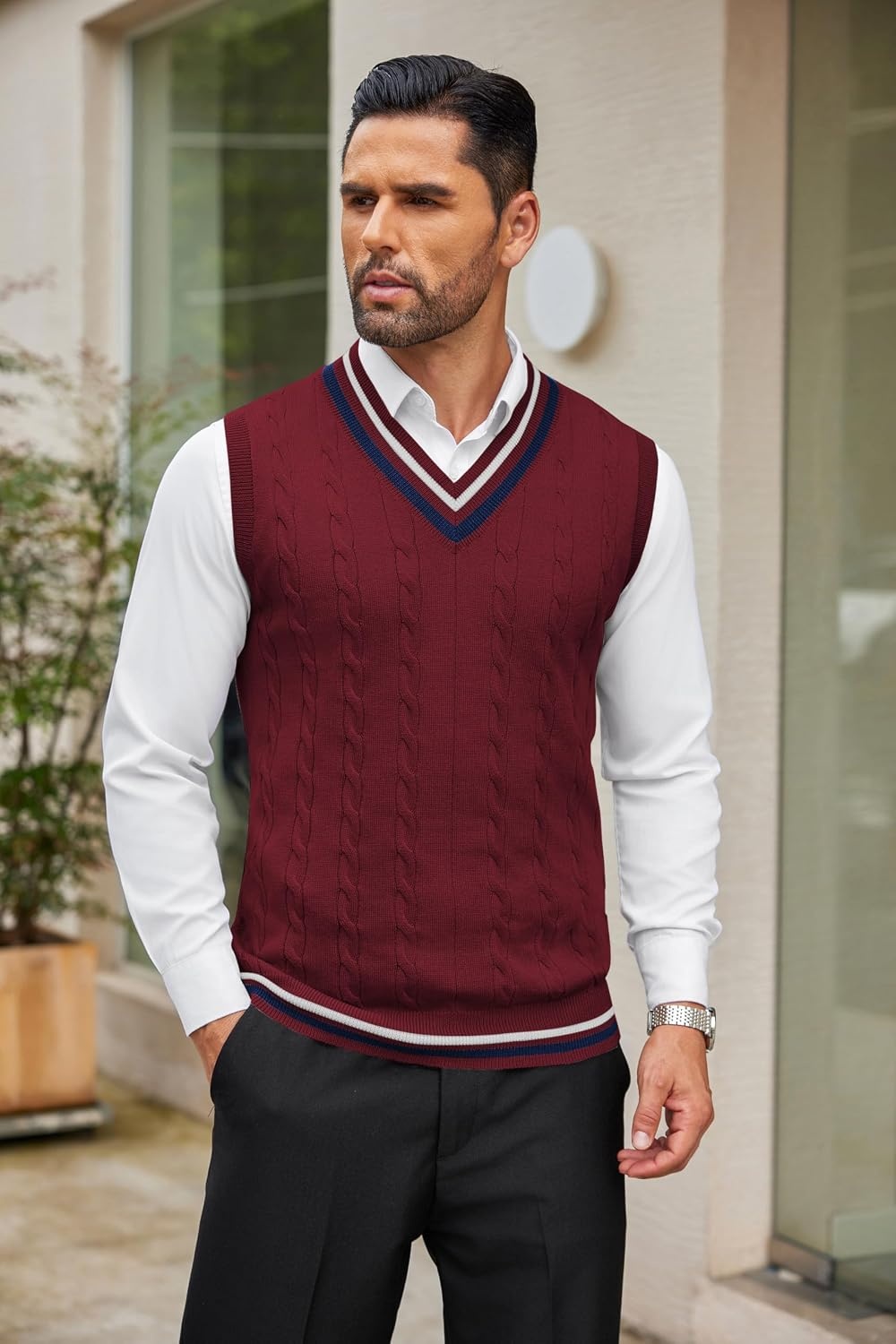 image:imageCOOFANDY Mens Sweater Vest V Neck Casual Sleeveless Knit Pullover Sweater Classic Cable Knitted Striped VNeck Lightweight Stylish Basic Regular Fit Casual Uniform Dress School Winter ChristmasDark Red