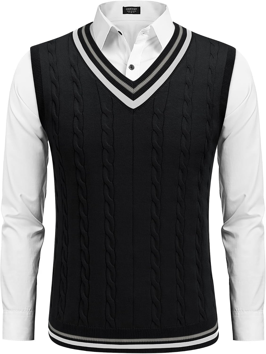 image:imageCOOFANDY Mens Sweater Vest V Neck Casual Sleeveless Knit Pullover Sweater Classic Cable Knitted Striped VNeck Lightweight Stylish Basic Regular Fit Casual Uniform Dress School Winter ChristmasBlack