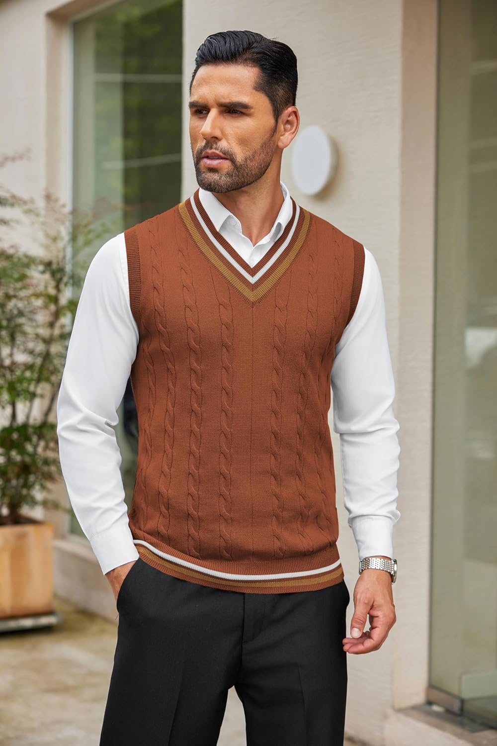 image:imageCOOFANDY Mens Sweater Vest V Neck Casual Sleeveless Knit Pullover Sweater Classic Cable Knitted Striped VNeck Lightweight Stylish Basic Regular Fit Casual Uniform Dress School Winter ChristmasCaramel