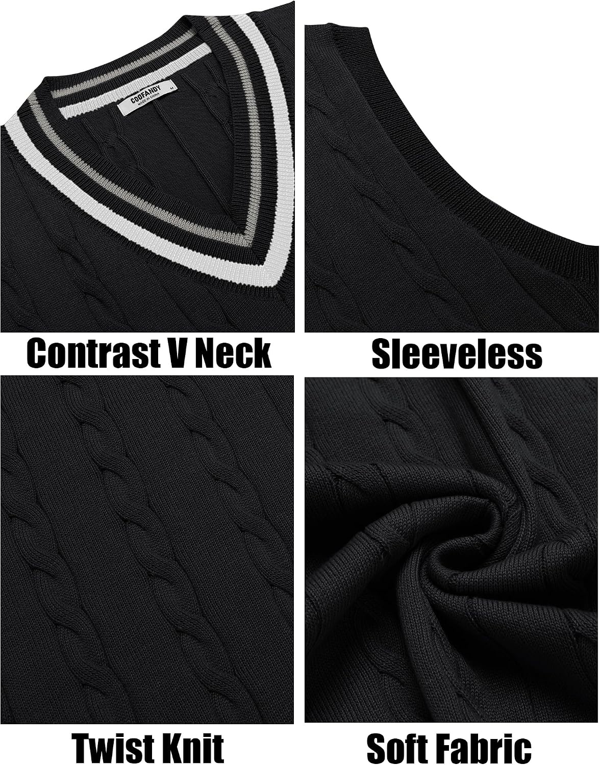 image:imageCOOFANDY Mens Sweater Vest V Neck Casual Sleeveless Knit Pullover Sweater Classic Cable Knitted Striped VNeck Lightweight Stylish Basic Regular Fit Casual Uniform Dress School Winter ChristmasBlack