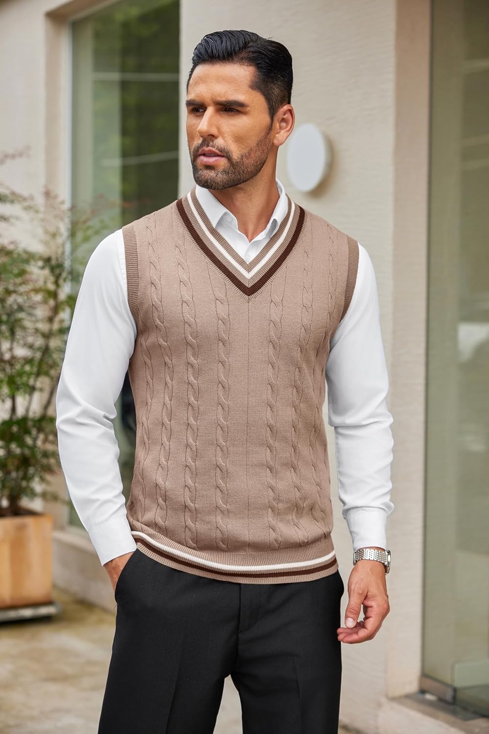 image:imageCOOFANDY Mens Sweater Vest V Neck Casual Sleeveless Knit Pullover Sweater Classic Cable Knitted Striped VNeck Lightweight Stylish Basic Regular Fit Casual Uniform Dress School Winter ChristmasKhaki
