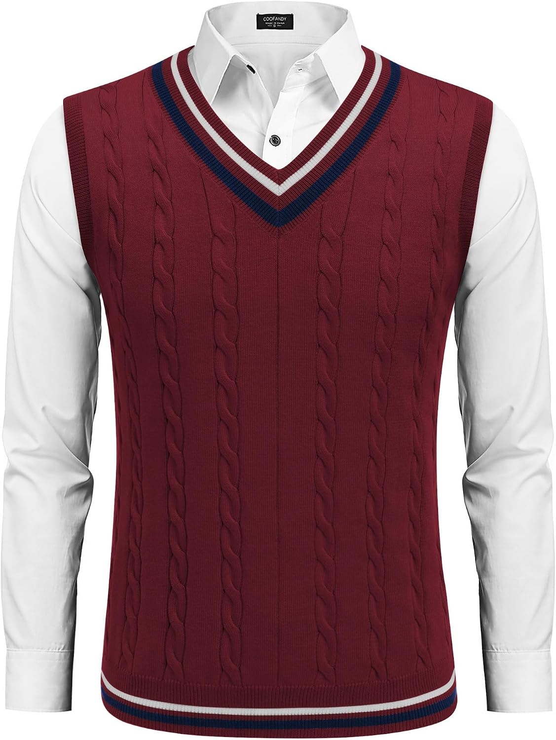 image:imageCOOFANDY Mens Sweater Vest V Neck Casual Sleeveless Knit Pullover Sweater Classic Cable Knitted Striped VNeck Lightweight Stylish Basic Regular Fit Casual Uniform Dress School Winter ChristmasDark Red
