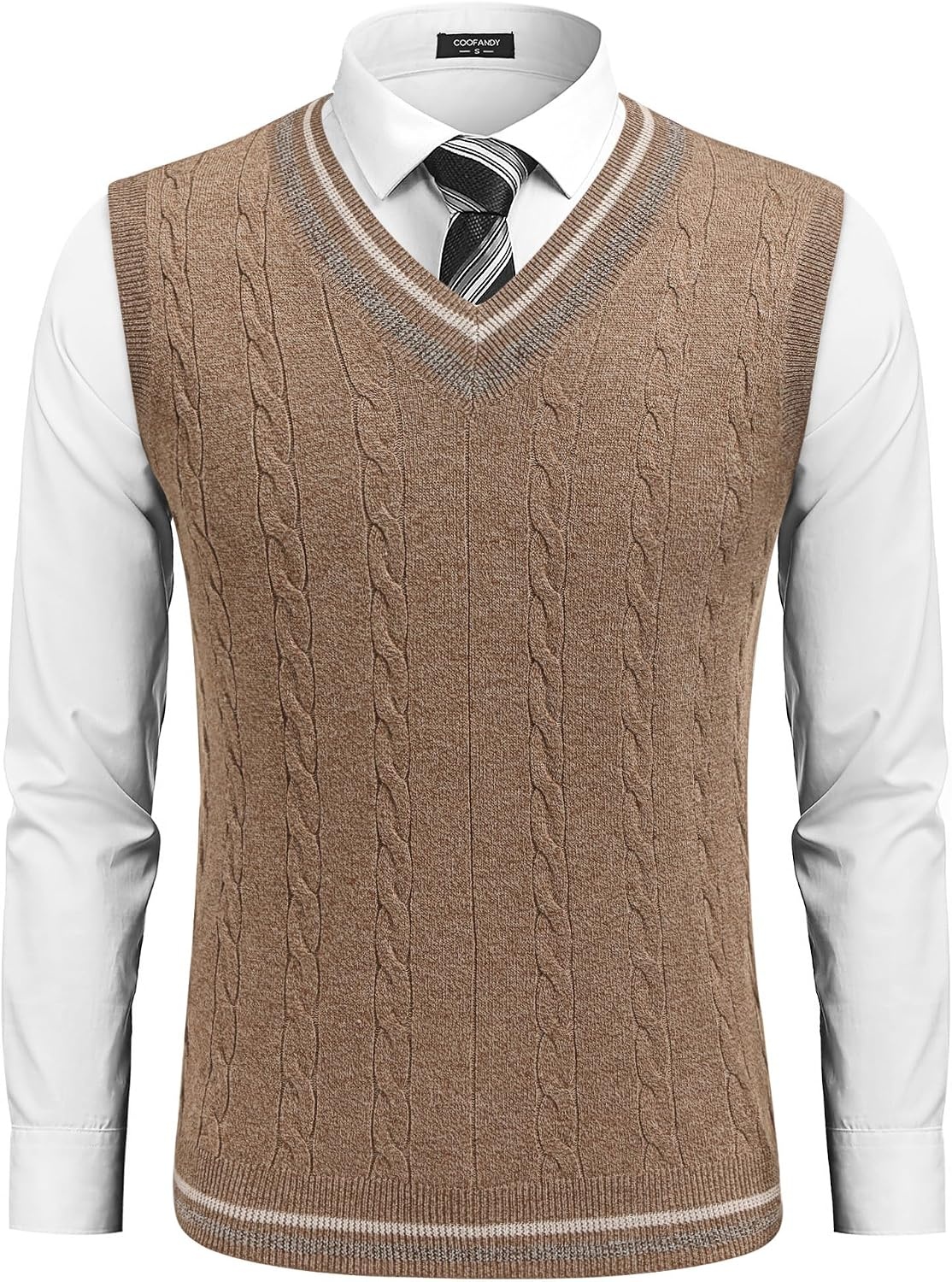 image:imageCOOFANDY Mens Sweater Vest V Neck Casual Sleeveless Knit Pullover Sweater Classic Cable Knitted Striped VNeck Lightweight Stylish Basic Regular Fit Casual Uniform Dress School Winter ChristmasDark Khaki