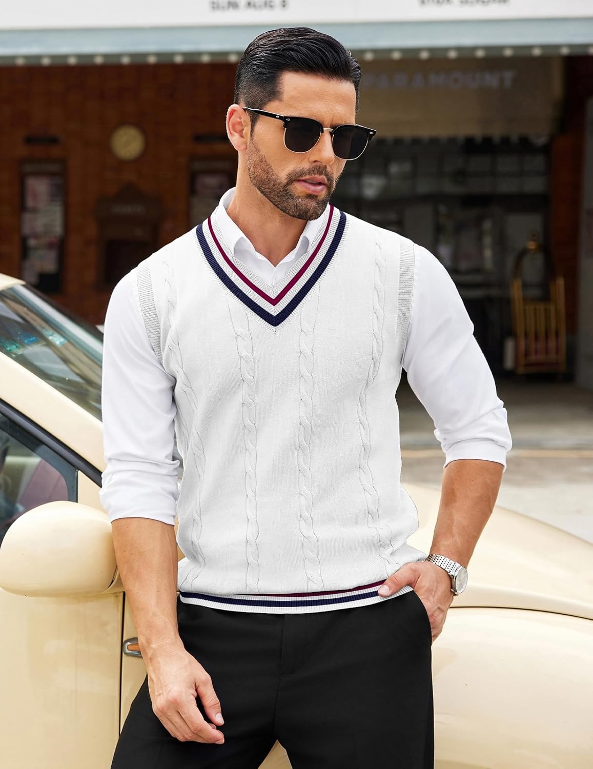 image:imageCOOFANDY Mens Sweater Vest V Neck Casual Sleeveless Knit Pullover Sweater Classic Cable Knitted Striped VNeck Lightweight Stylish Basic Regular Fit Casual Uniform Dress School Winter ChristmasWhite Navy Blue Red Stripe
