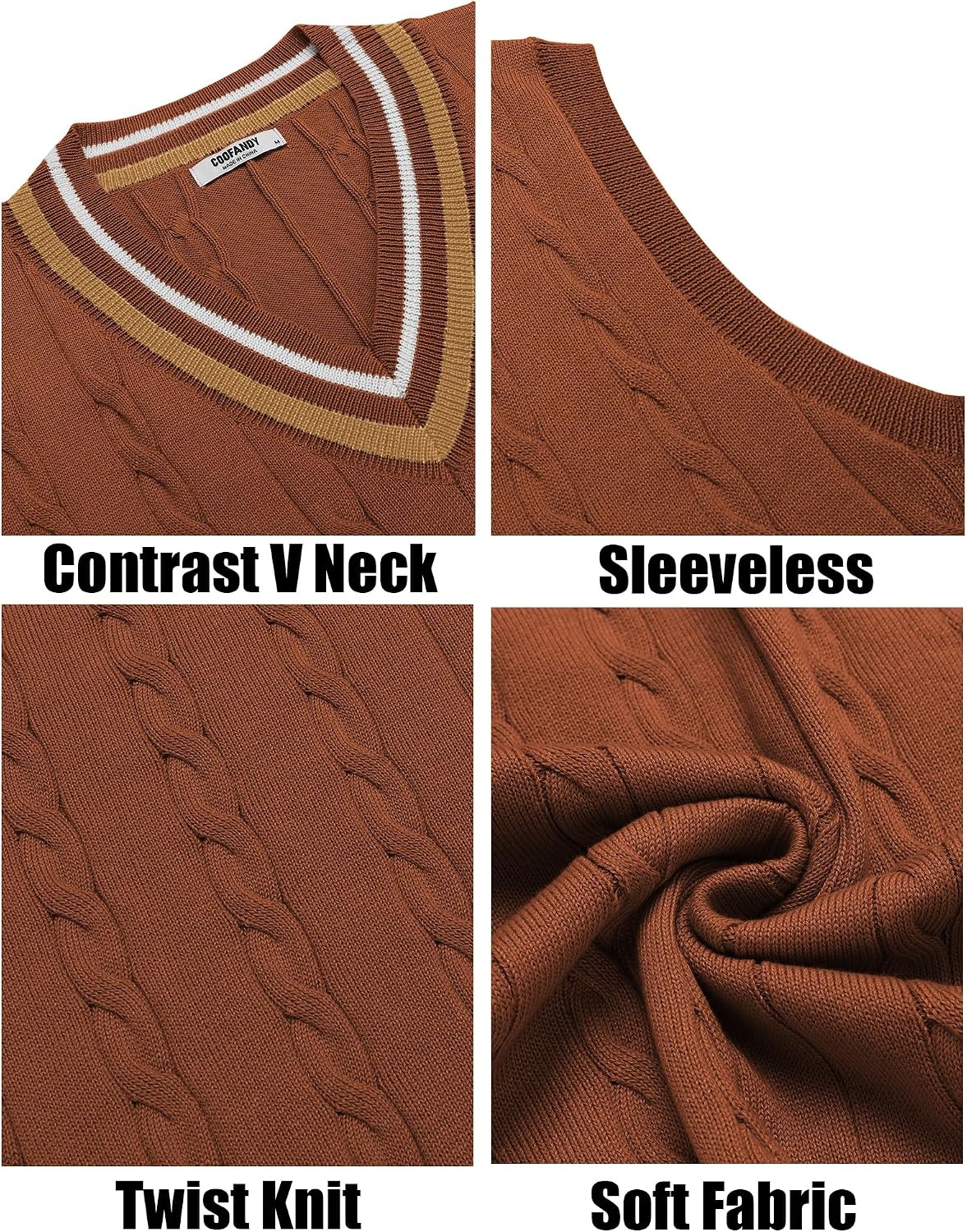 image:imageCOOFANDY Mens Sweater Vest V Neck Casual Sleeveless Knit Pullover Sweater Classic Cable Knitted Striped VNeck Lightweight Stylish Basic Regular Fit Casual Uniform Dress School Winter ChristmasCaramel