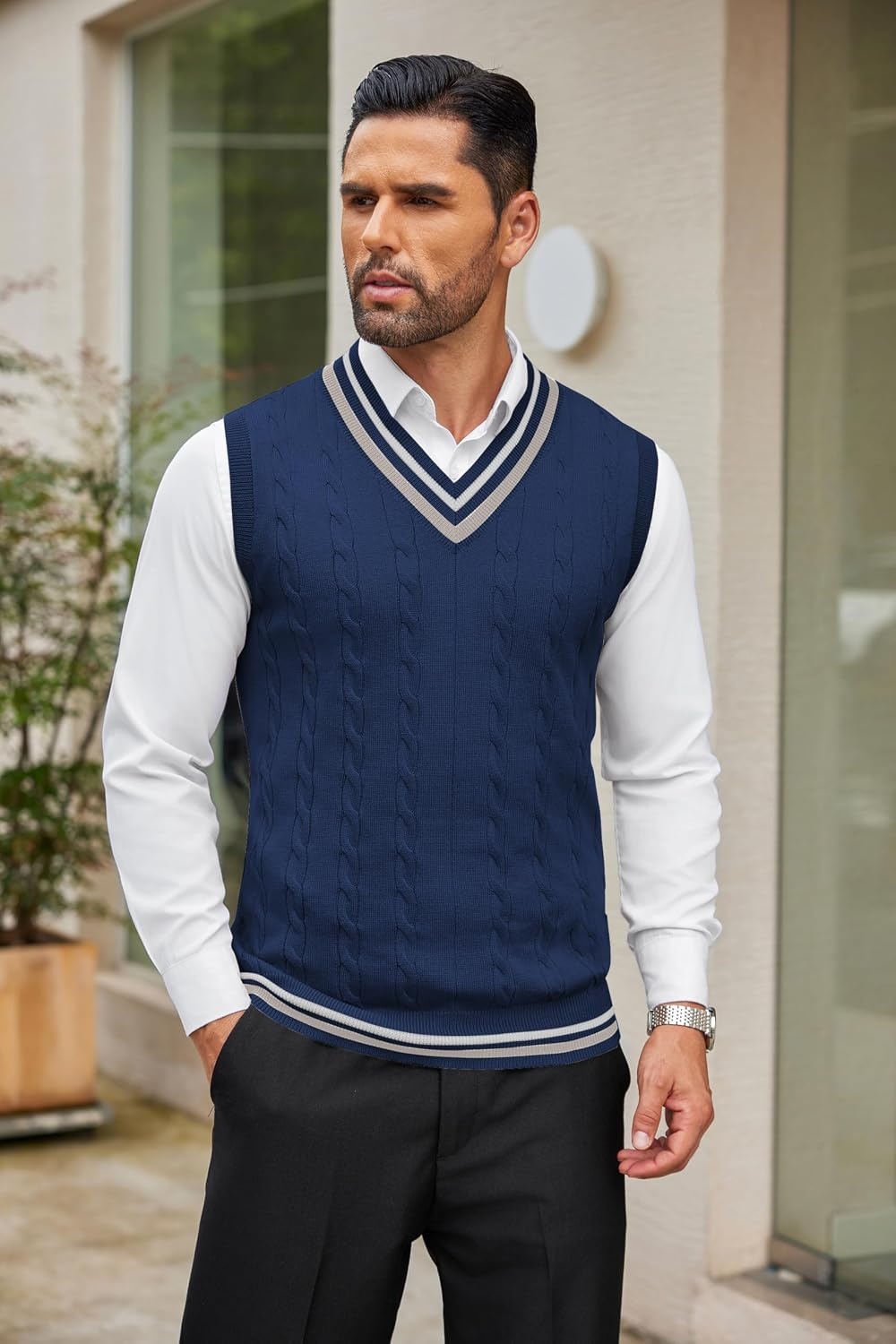 image:imageCOOFANDY Mens Sweater Vest V Neck Casual Sleeveless Knit Pullover Sweater Classic Cable Knitted Striped VNeck Lightweight Stylish Basic Regular Fit Casual Uniform Dress School Winter ChristmasNavy Blue