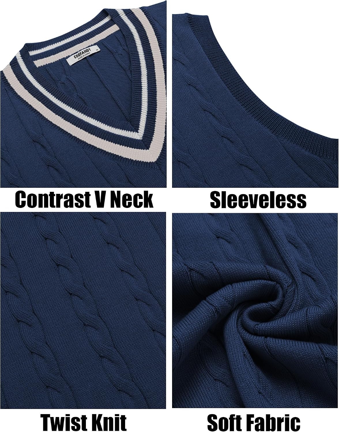 image:imageCOOFANDY Mens Sweater Vest V Neck Casual Sleeveless Knit Pullover Sweater Classic Cable Knitted Striped VNeck Lightweight Stylish Basic Regular Fit Casual Uniform Dress School Winter ChristmasNavy Blue