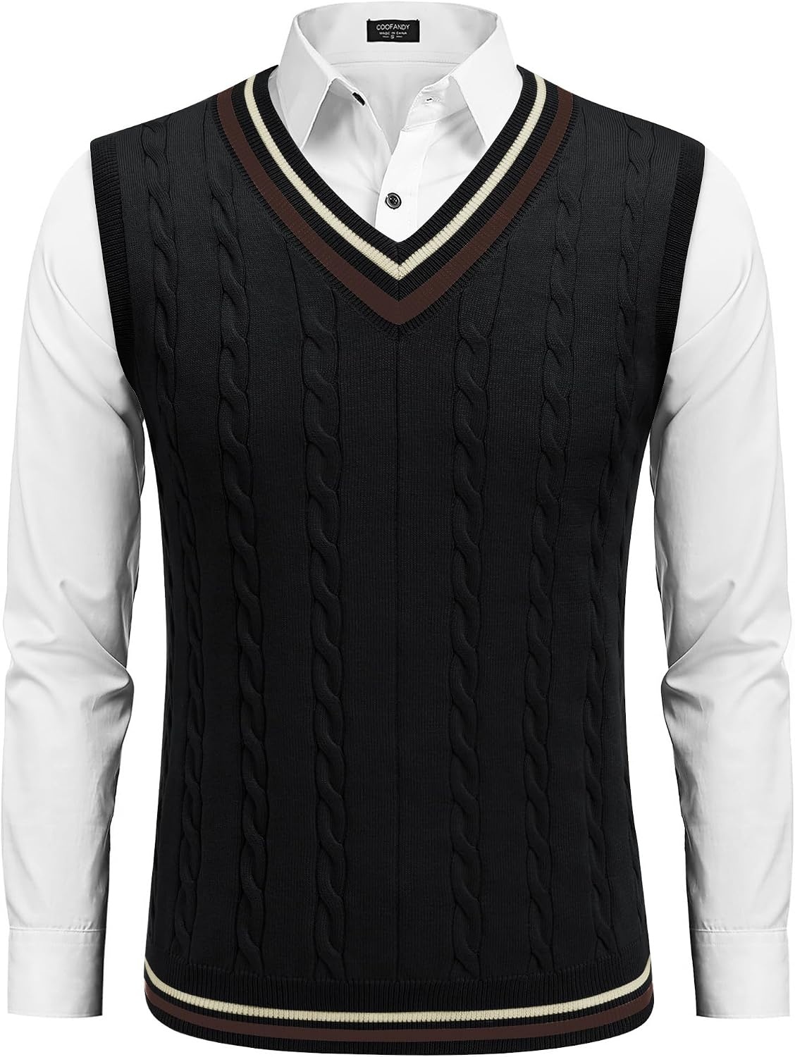 image:imageCOOFANDY Mens Sweater Vest V Neck Casual Sleeveless Knit Pullover Sweater Classic Cable Knitted Striped VNeck Lightweight Stylish Basic Regular Fit Casual Uniform Dress School Winter ChristmasWhite Navy Blue Red Stripe