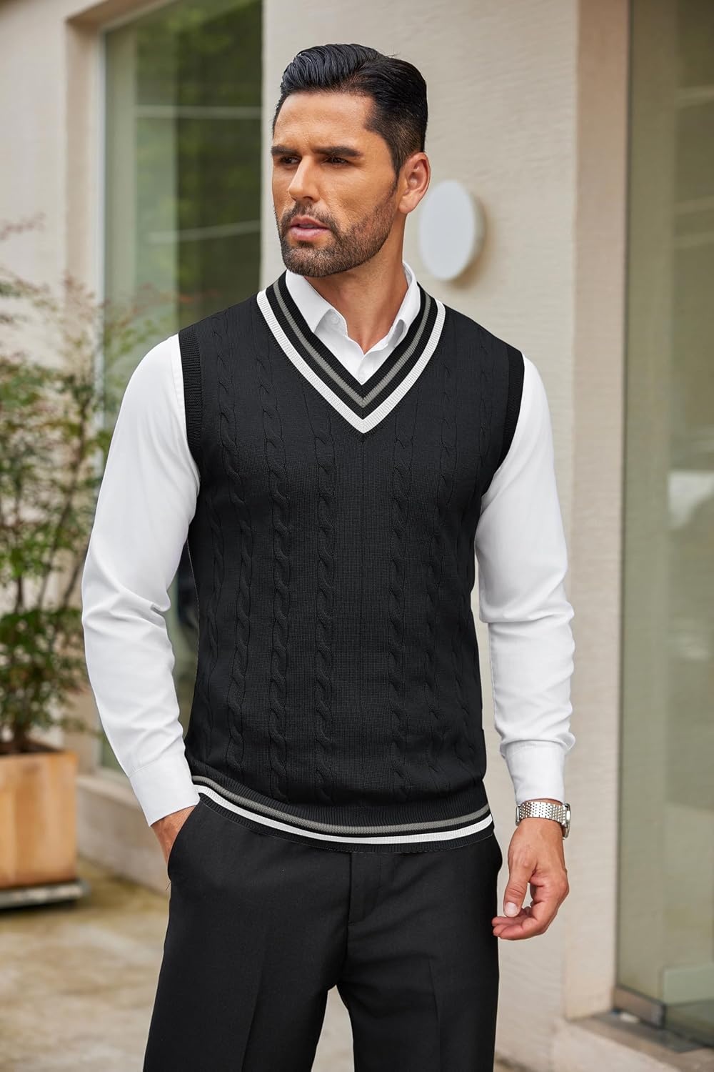 image:imageCOOFANDY Mens Sweater Vest V Neck Casual Sleeveless Knit Pullover Sweater Classic Cable Knitted Striped VNeck Lightweight Stylish Basic Regular Fit Casual Uniform Dress School Winter ChristmasBlack