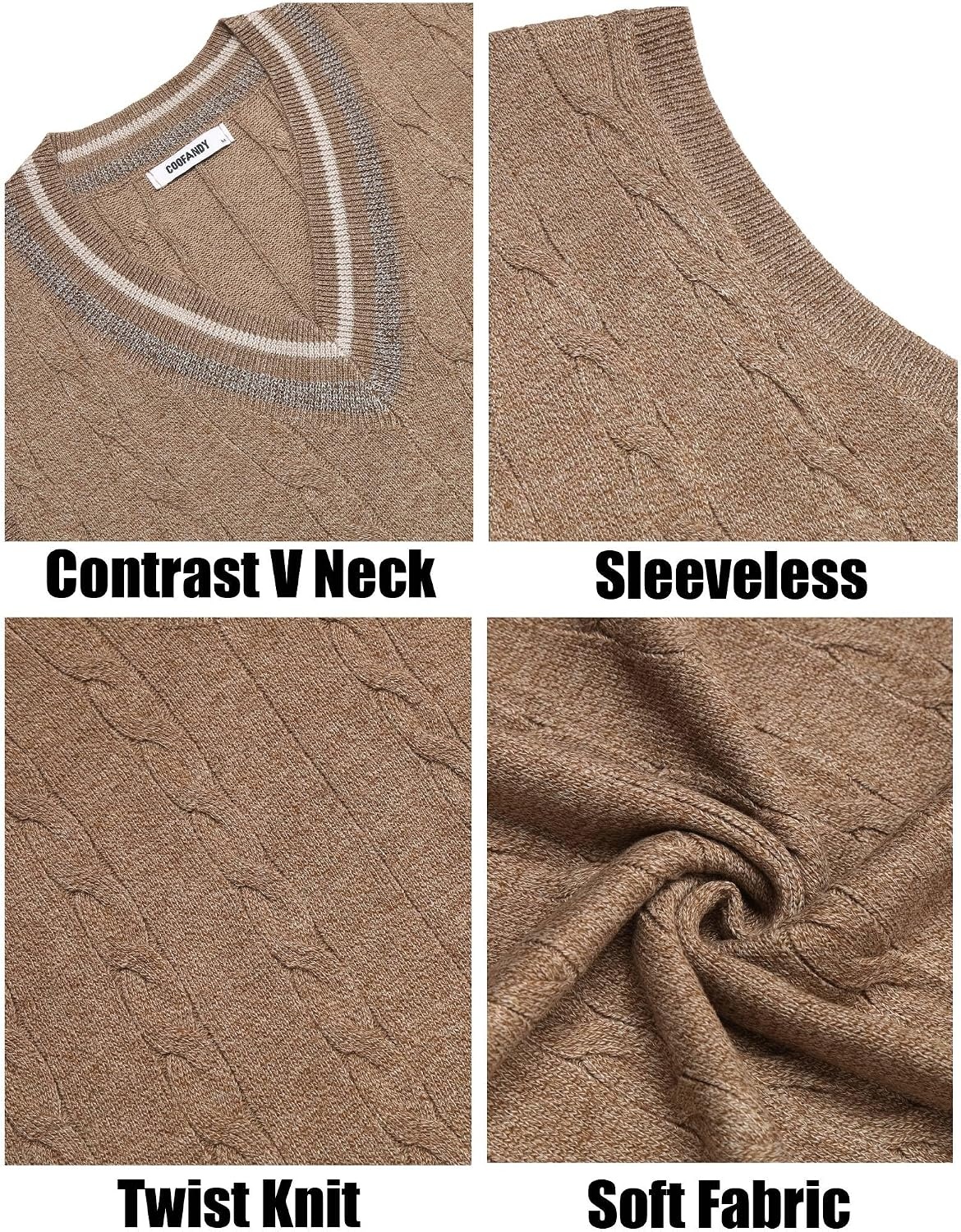 image:imageCOOFANDY Mens Sweater Vest V Neck Casual Sleeveless Knit Pullover Sweater Classic Cable Knitted Striped VNeck Lightweight Stylish Basic Regular Fit Casual Uniform Dress School Winter ChristmasDark Khaki