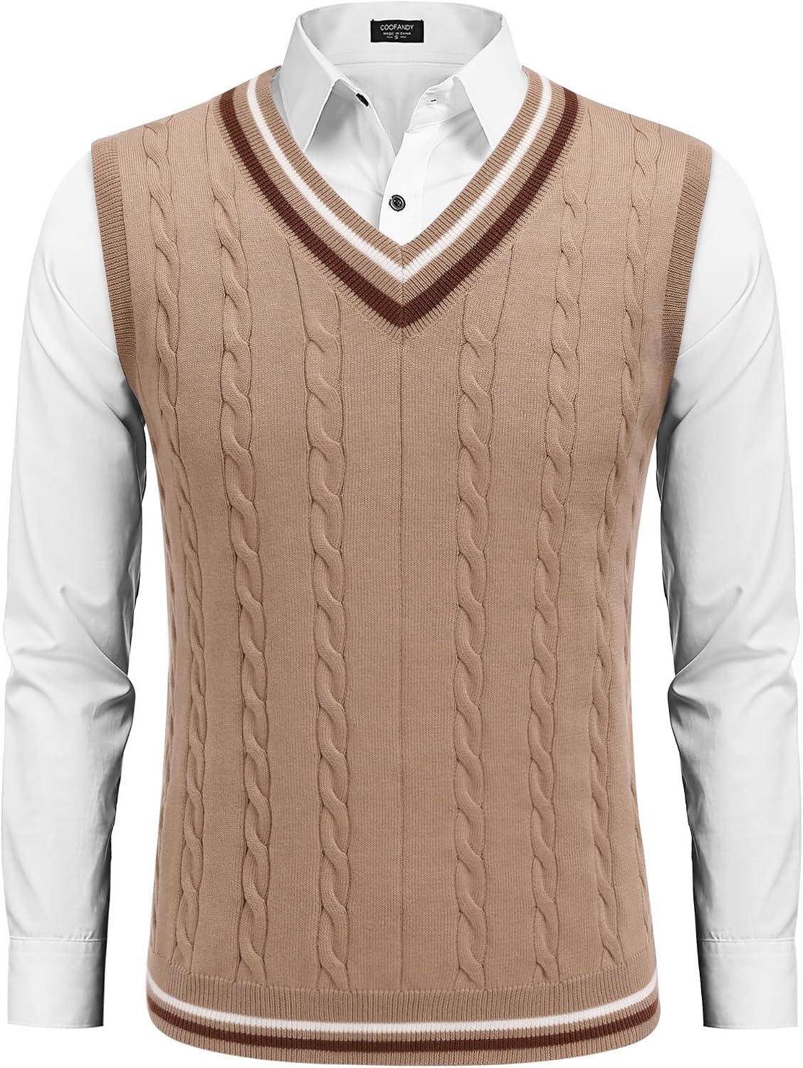 image:imageCOOFANDY Mens Sweater Vest V Neck Casual Sleeveless Knit Pullover Sweater Classic Cable Knitted Striped VNeck Lightweight Stylish Basic Regular Fit Casual Uniform Dress School Winter ChristmasKhaki
