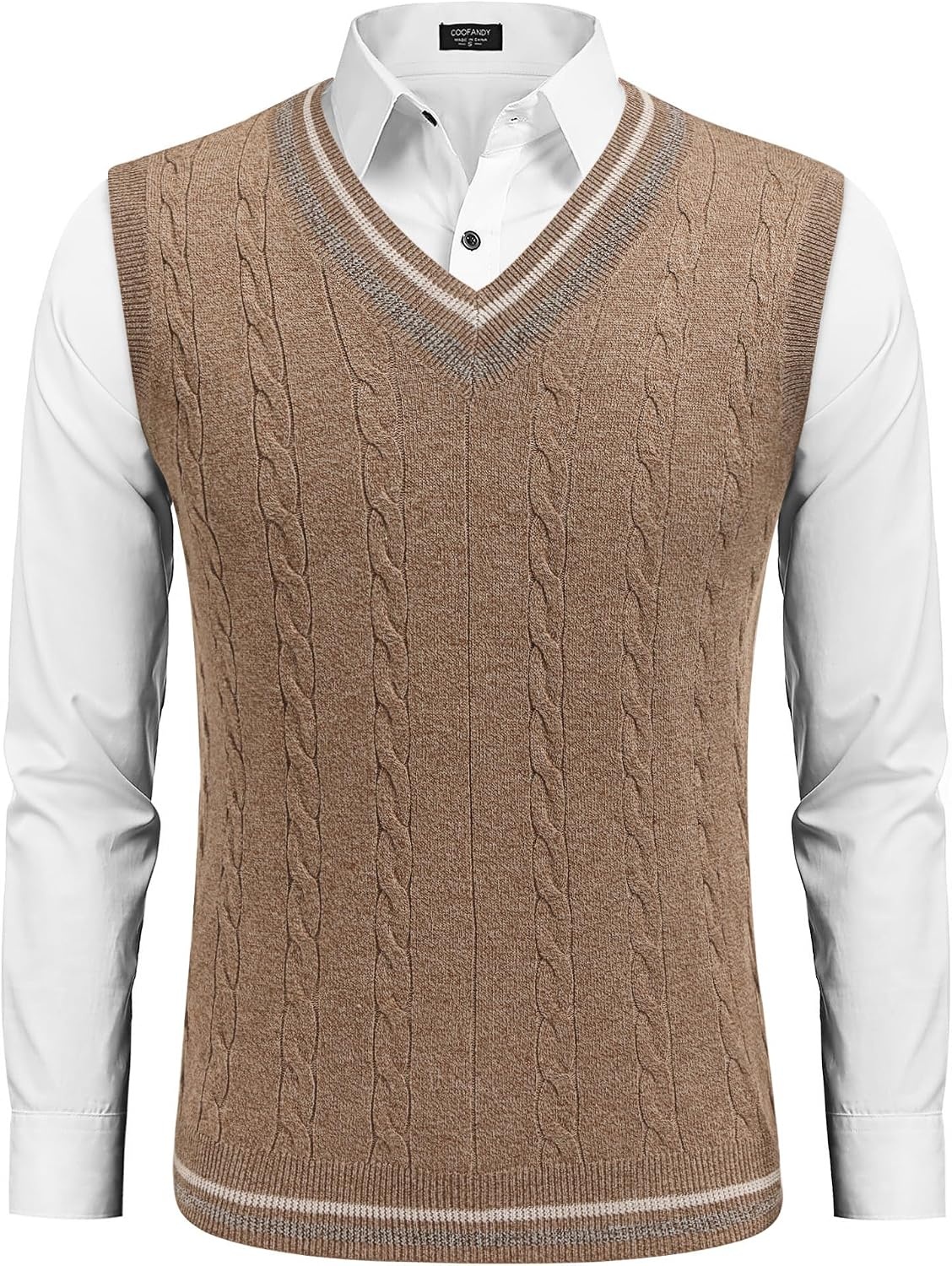 image:imageCOOFANDY Mens Sweater Vest V Neck Casual Sleeveless Knit Pullover Sweater Classic Cable Knitted Striped VNeck Lightweight Stylish Basic Regular Fit Casual Uniform Dress School Winter ChristmasDark Khaki