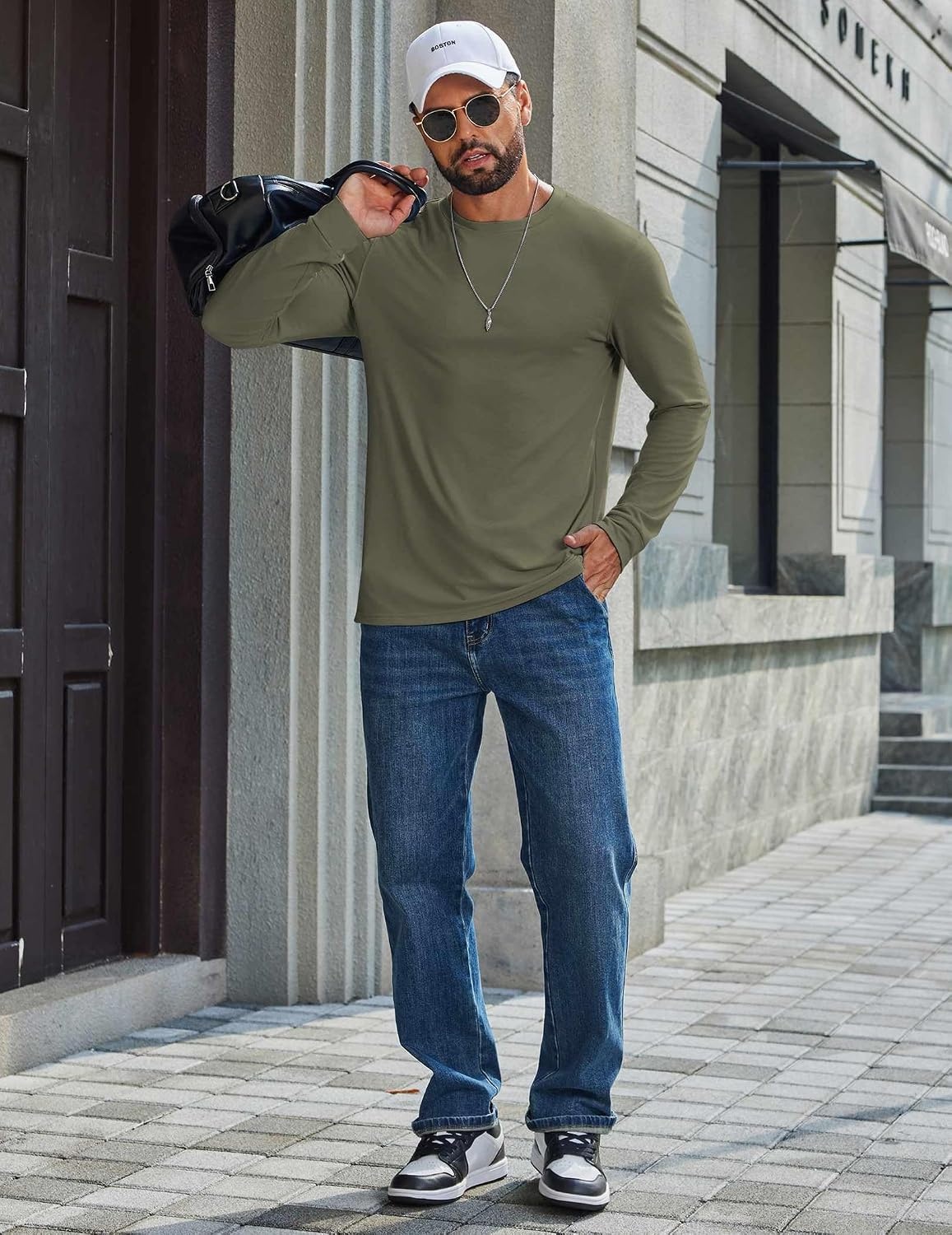 image:imageCOOFANDY Mens T Shirts Long Sleeve Cotton Blend TShirts Crew Neck Soft Casual Basic Tee ShirtsArmy Green