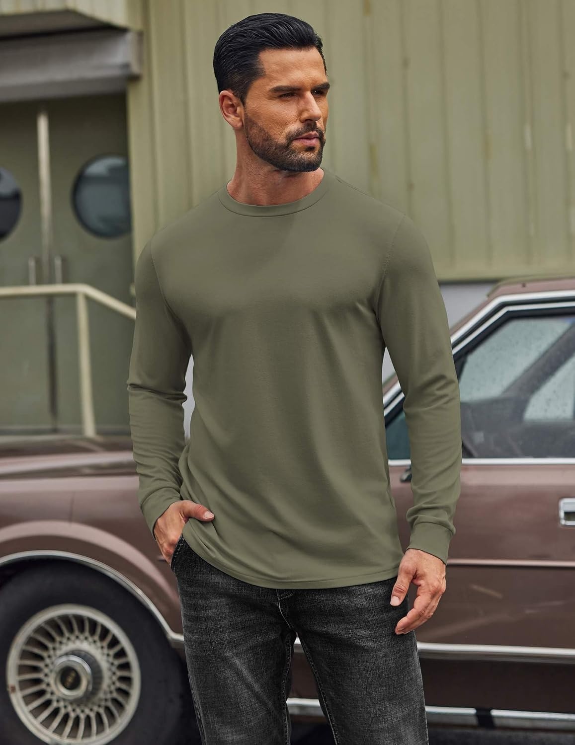 image:imageCOOFANDY Mens T Shirts Long Sleeve Cotton Blend TShirts Crew Neck Soft Casual Basic Tee ShirtsArmy Green