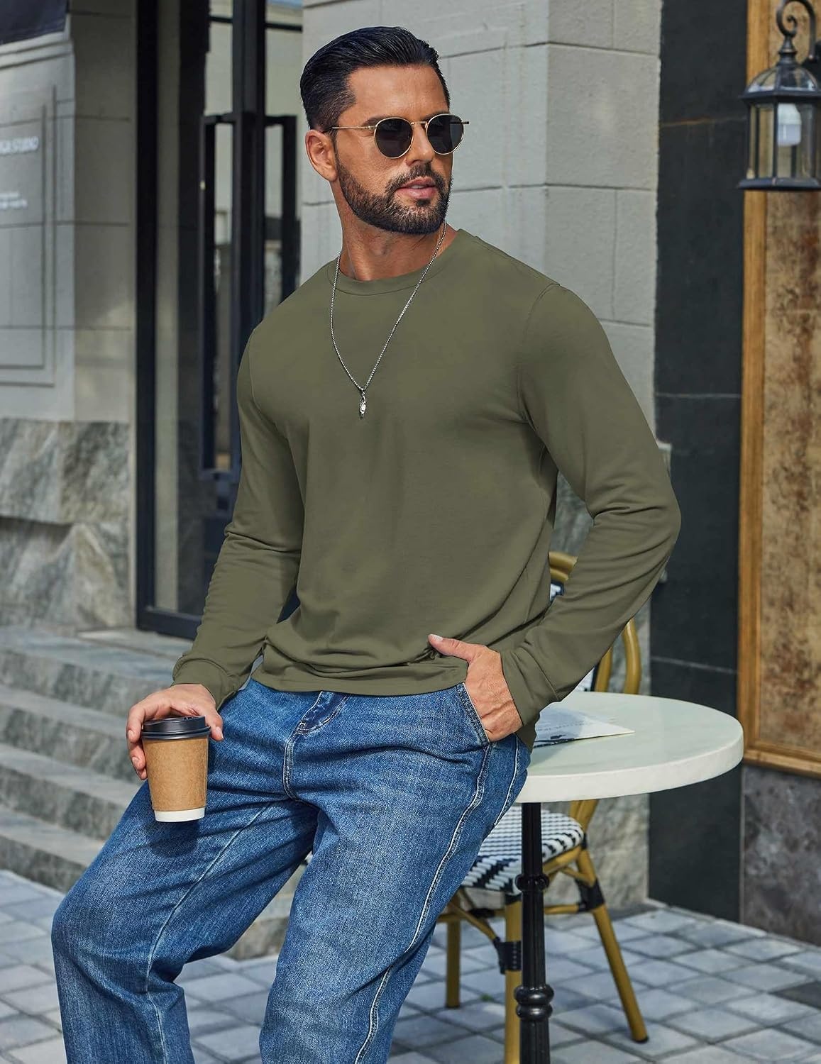 image:imageCOOFANDY Mens T Shirts Long Sleeve Cotton Blend TShirts Crew Neck Soft Casual Basic Tee ShirtsArmy Green