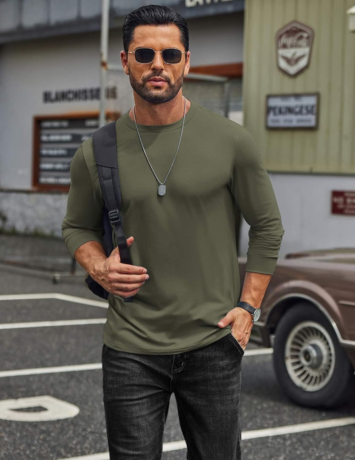 image:imageCOOFANDY Mens T Shirts Long Sleeve Cotton Blend TShirts Crew Neck Soft Casual Basic Tee ShirtsArmy Green